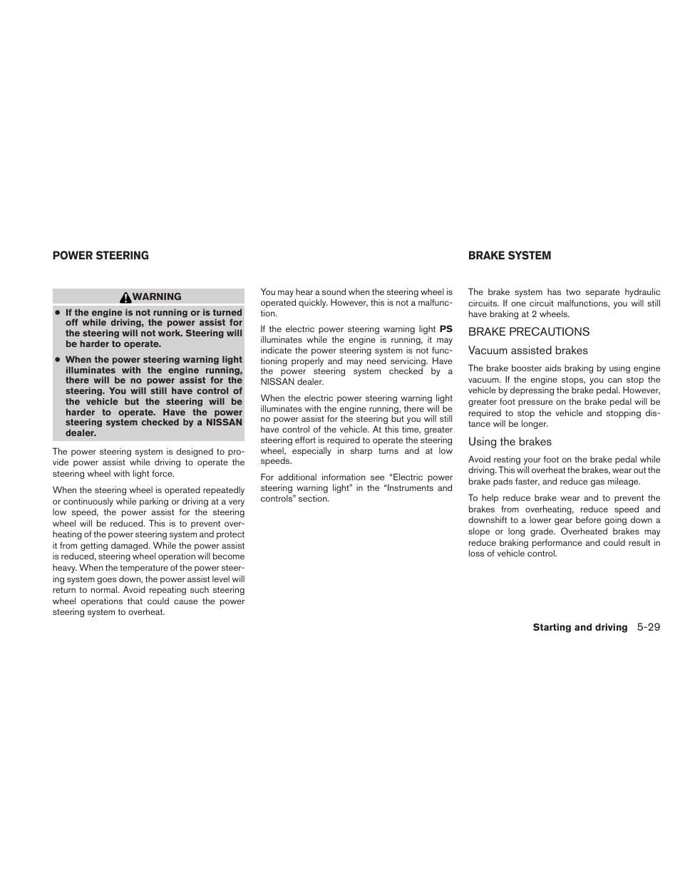 Power steering -29 brake system -29, Brake precautions -29 | NISSAN 2011 Versa Hatchback - Owner's Manual User Manual | Page 246 / 350