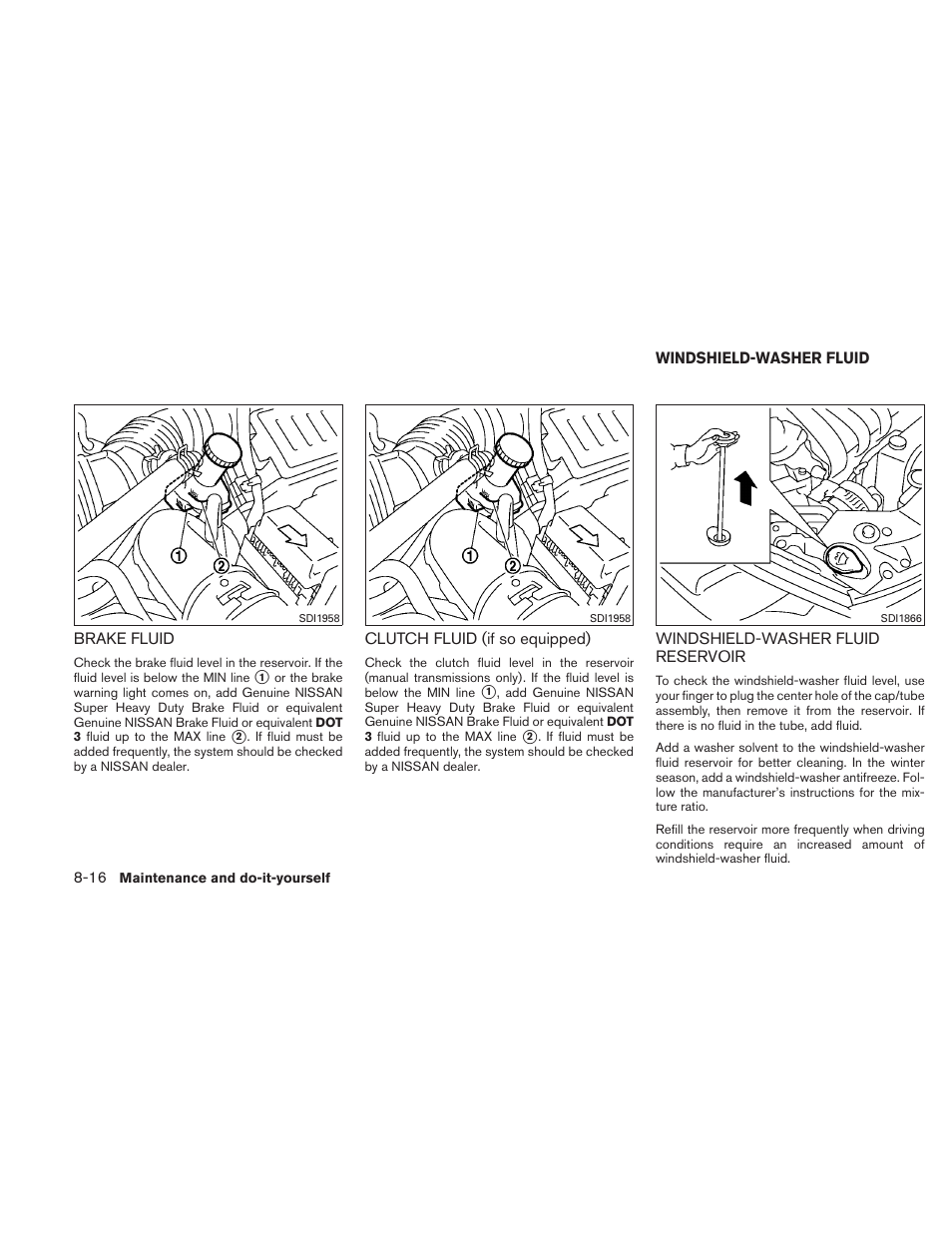 Brake fluid -16 clutch fluid (if so equipped) -16, Windshield-washer fluid -16, Windshield-washer fluid reservoir -16 | NISSAN 2011 Versa Hatchback - Owner's Manual User Manual | Page 289 / 350