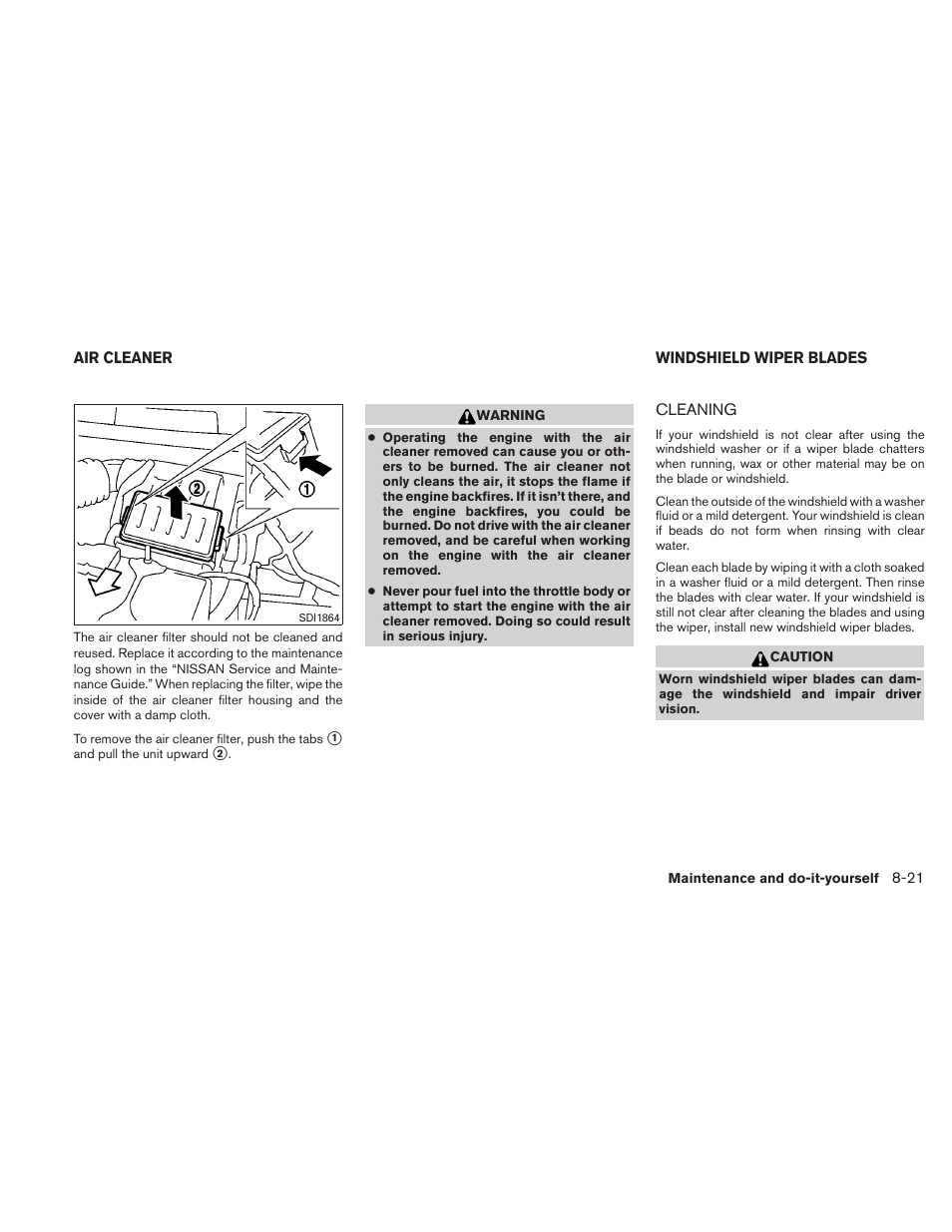 Air cleaner -21 windshield wiper blades -21, Cleaning -21 | NISSAN 2011 Versa Hatchback - Owner's Manual User Manual | Page 294 / 350