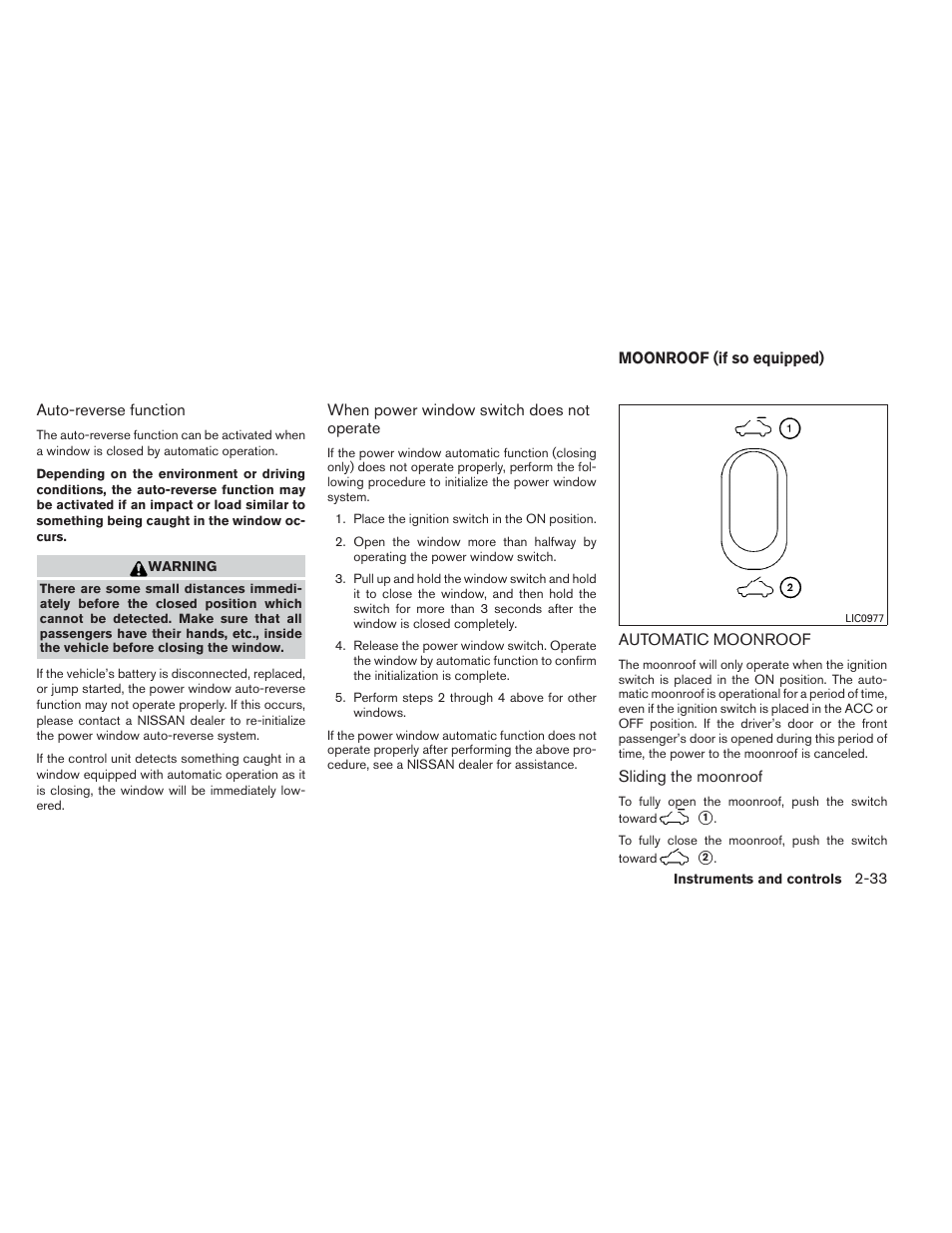 Moonroof (if so equipped) -33, Automatic moonroof -33 | NISSAN 2012 Versa Hatchback - Owner's Manual User Manual | Page 100 / 320