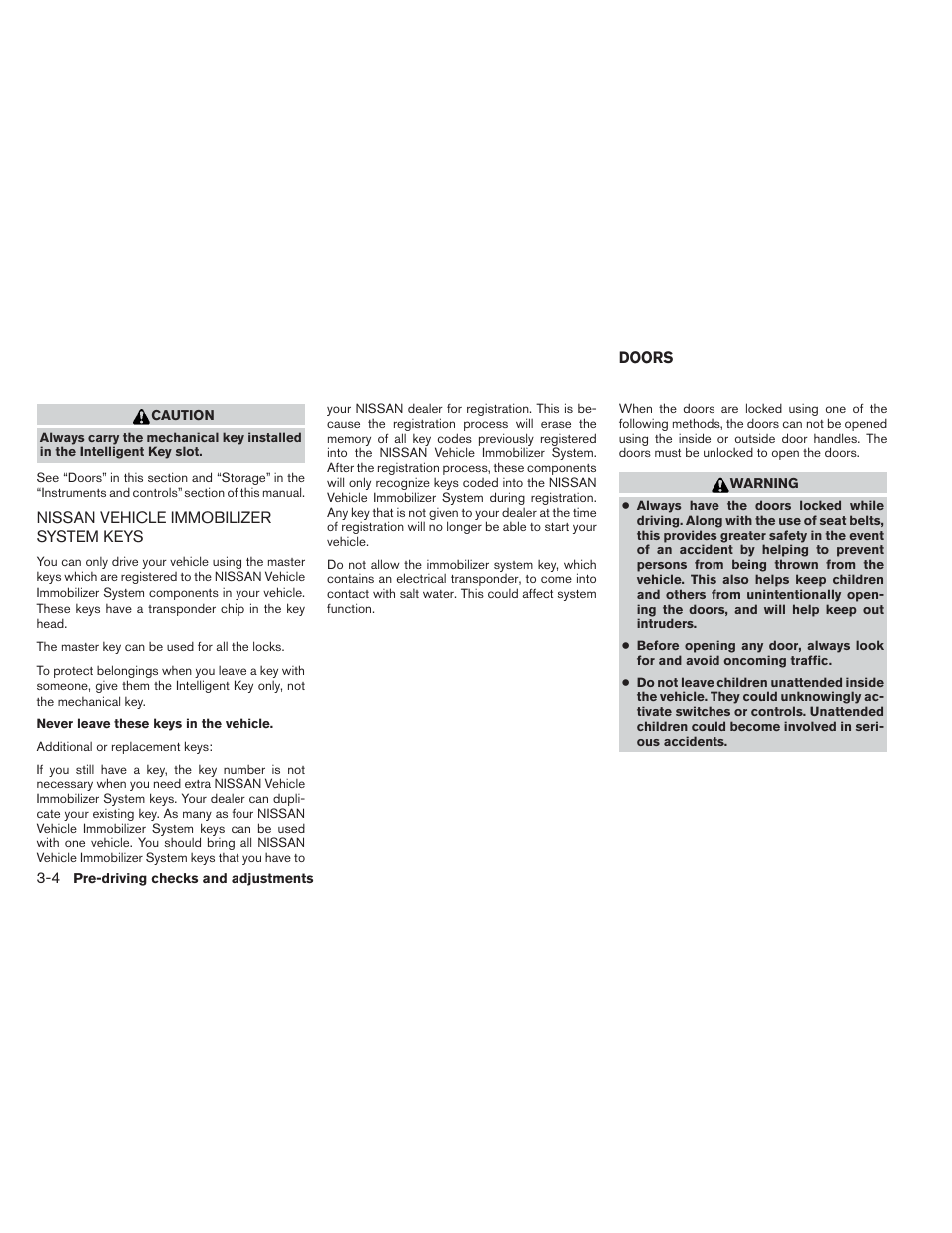 Nissan vehicle immobilizer system keys -4, Doors -4 | NISSAN 2012 Versa Hatchback - Owner's Manual User Manual | Page 107 / 320
