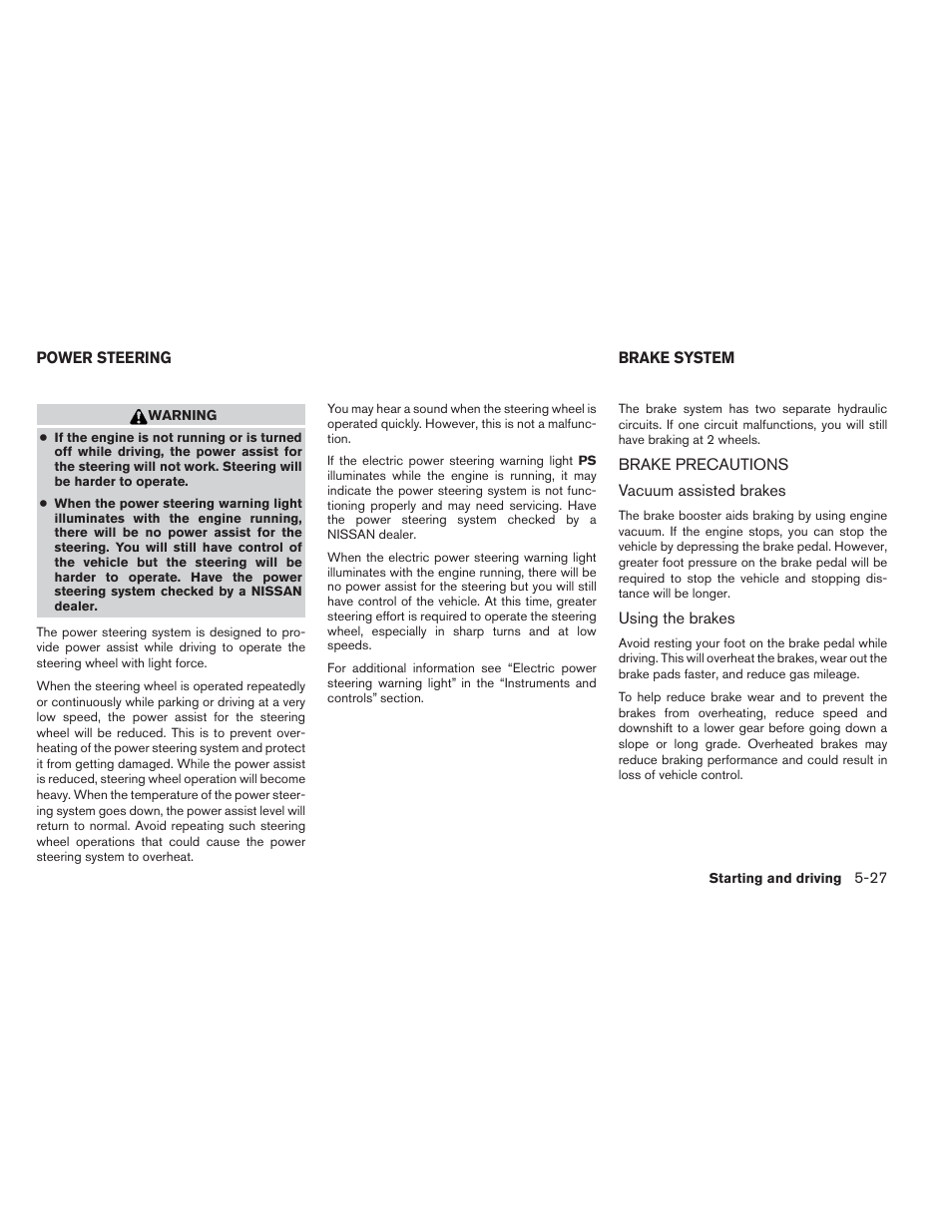 Power steering -27 brake system -27, Brake precautions -27 | NISSAN 2012 Versa Hatchback - Owner's Manual User Manual | Page 222 / 320