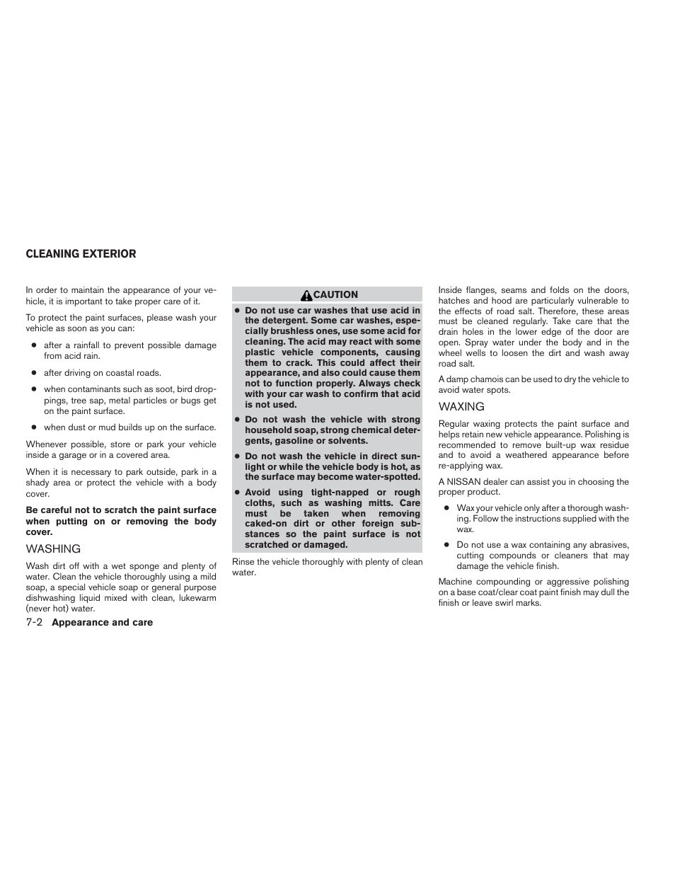 Cleaning exterior -2, Washing -2 waxing -2 | NISSAN 2012 Versa Hatchback - Owner's Manual User Manual | Page 245 / 320