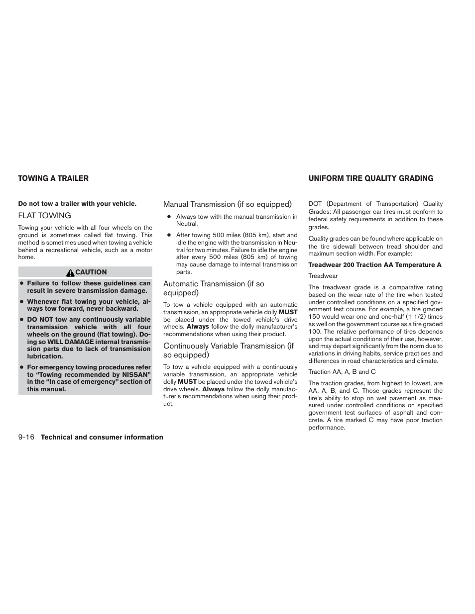 Towing a trailer -16, Flat towing -16, Uniform tire quality grading -16 | NISSAN 2012 Versa Hatchback - Owner's Manual User Manual | Page 307 / 320