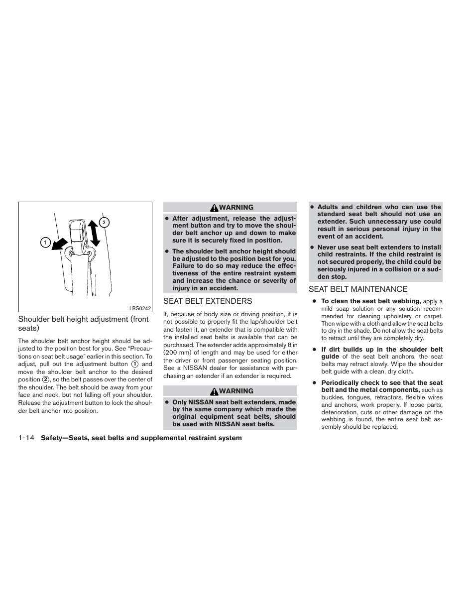 Seat belt extenders -14 seat belt maintenance -14 | NISSAN 2012 Versa Hatchback - Owner's Manual User Manual | Page 31 / 320