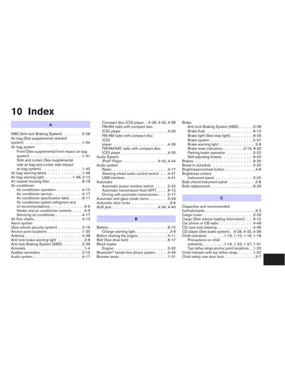 Index, 10 index | NISSAN 2012 Versa Hatchback - Owner's Manual User Manual | Page 312 / 320