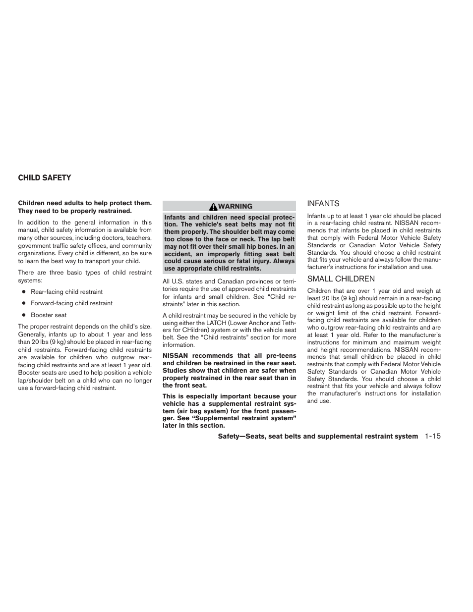Child safety -15, Infants -15 small children -15 | NISSAN 2012 Versa Hatchback - Owner's Manual User Manual | Page 32 / 320