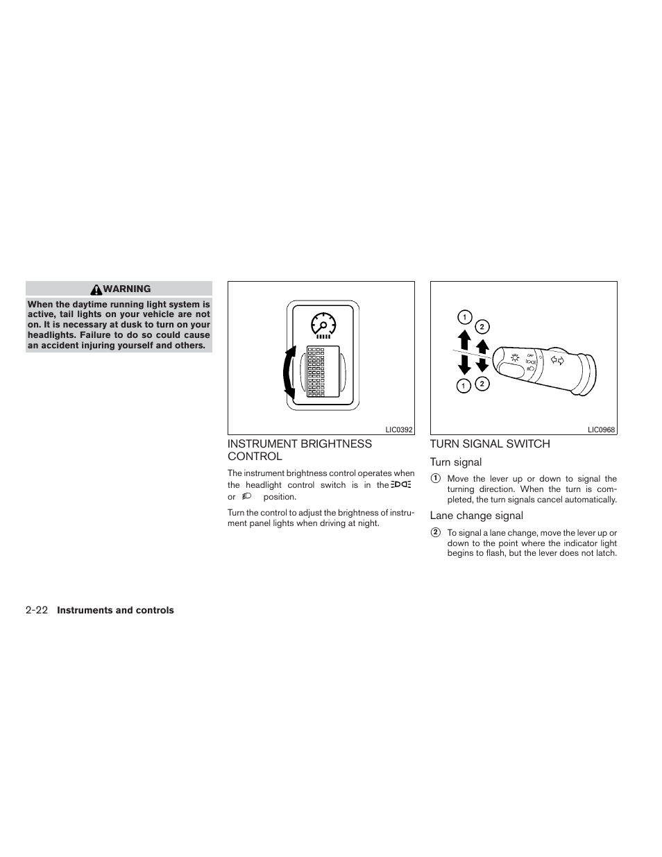 Instrument brightness control -22, Turn signal switch -22 | NISSAN 2012 Versa Hatchback - Owner's Manual User Manual | Page 89 / 320