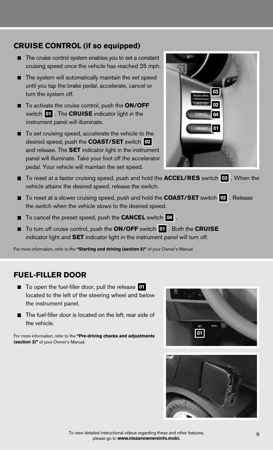 Cruise control (if so equipped), Fuel-filler door | NISSAN 2012 Versa Hatchback - Quick Reference Guide User Manual | Page 11 / 16