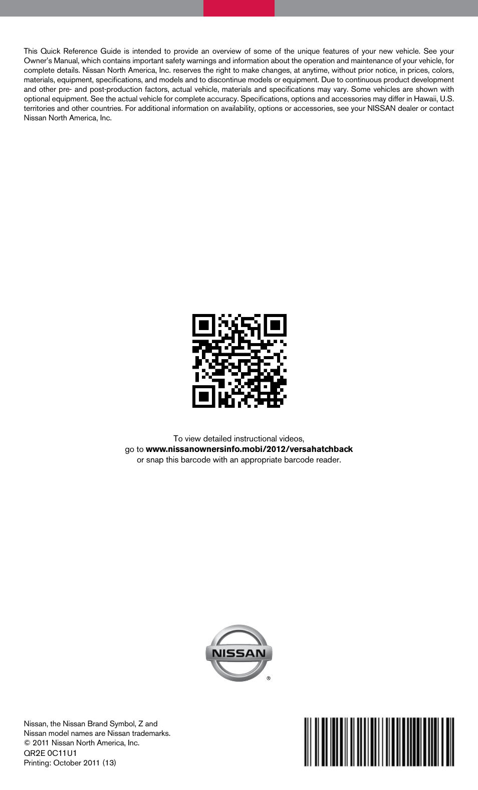 NISSAN 2012 Versa Hatchback - Quick Reference Guide User Manual | Page 16 / 16