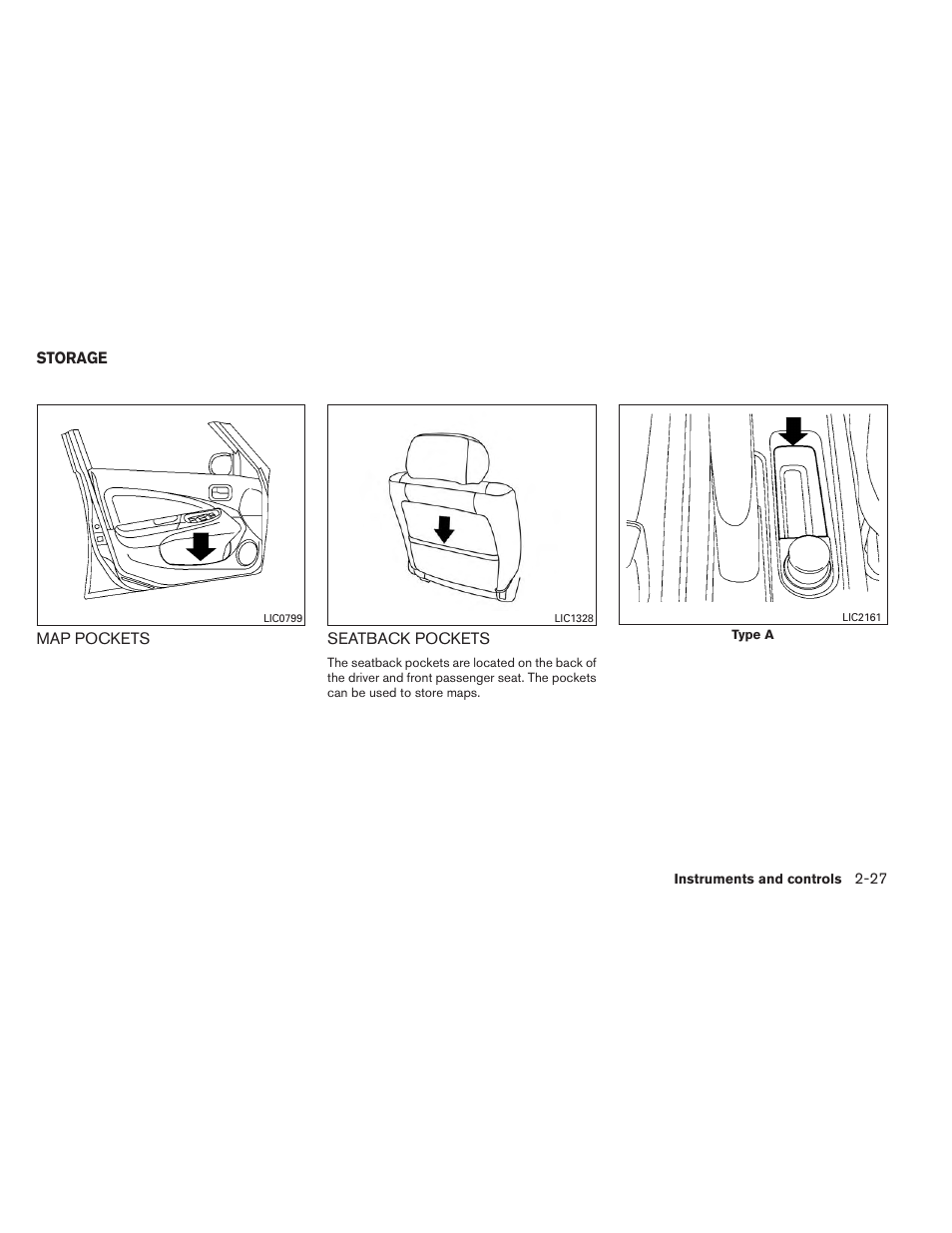 Storage -27, Map pockets -27 seatback pockets -27 | NISSAN 2014 Versa Note - Owner's Manual User Manual | Page 100 / 372