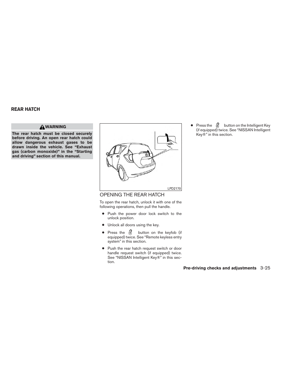 Rear hatch -25, Opening the rear hatch -25 | NISSAN 2014 Versa Note - Owner's Manual User Manual | Page 136 / 372