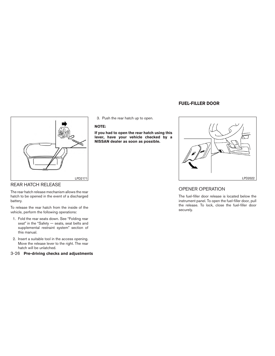 Rear hatch release -26, Fuel-filler door -26, Opener operation -26 | NISSAN 2014 Versa Note - Owner's Manual User Manual | Page 137 / 372