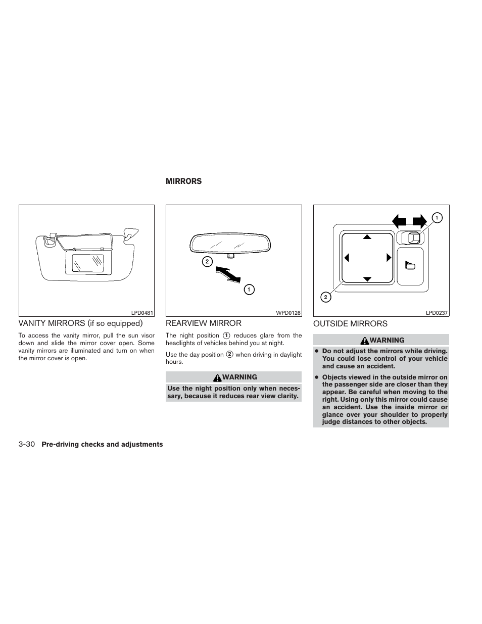 Vanity mirrors (if so equipped) -30, Mirrors -30, Rearview mirror -30 outside mirrors -30 | NISSAN 2014 Versa Note - Owner's Manual User Manual | Page 141 / 372