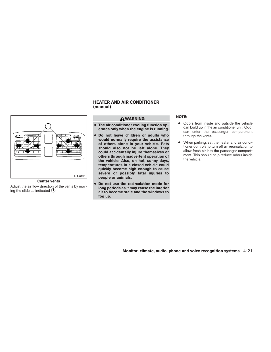 Heater and air conditioner (manual) -21 | NISSAN 2014 Versa Note - Owner's Manual User Manual | Page 164 / 372