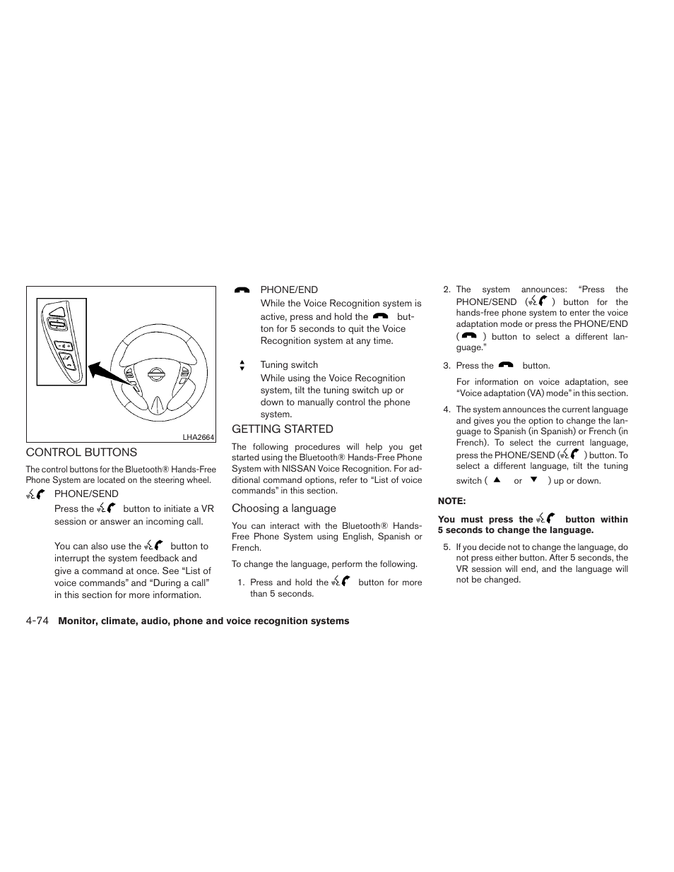 Control buttons -74 getting started -74 | NISSAN 2014 Versa Note - Owner's Manual User Manual | Page 217 / 372