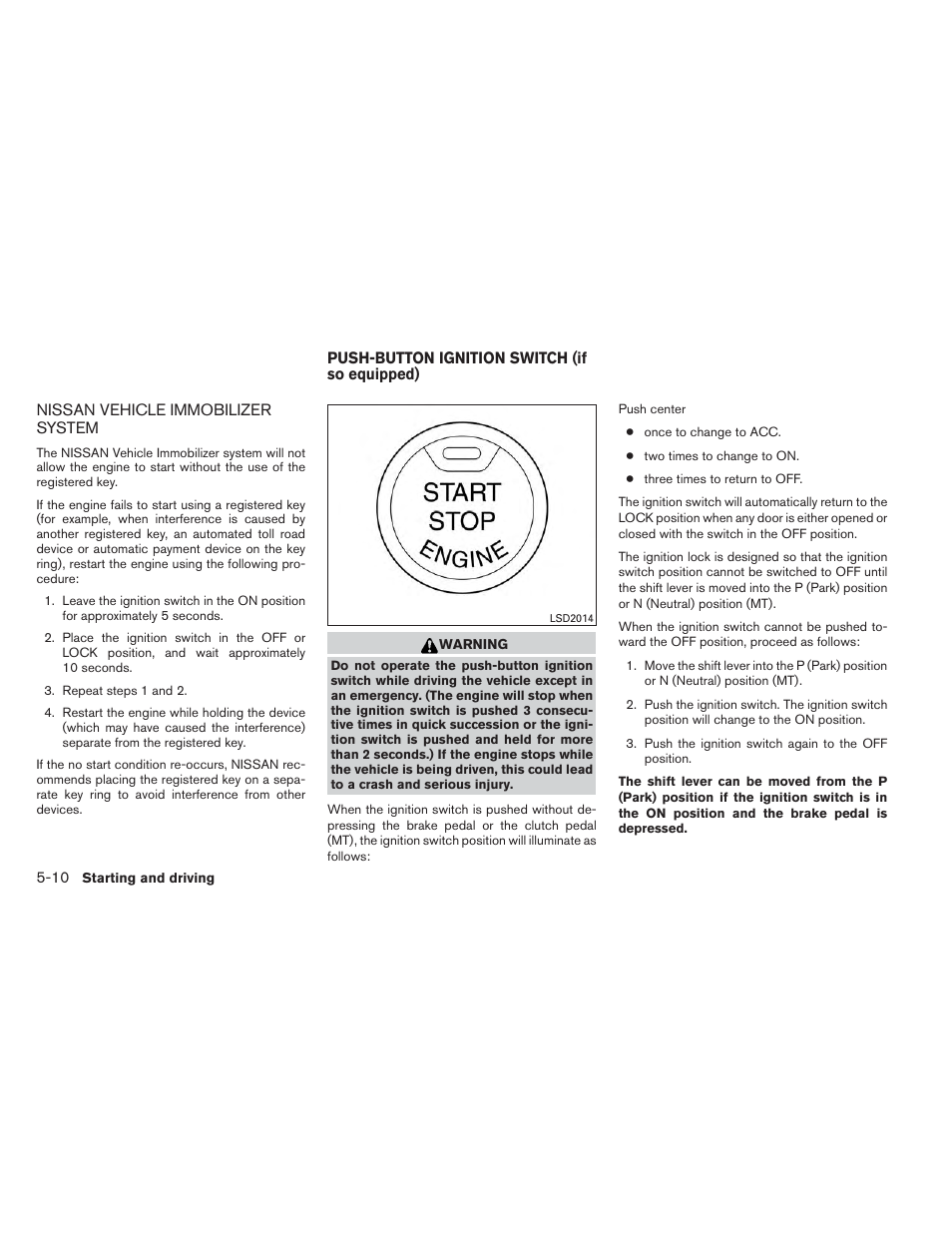 Nissan vehicle immobilizer system -10, Push-button ignition switch (if so equipped) -10 | NISSAN 2014 Versa Note - Owner's Manual User Manual | Page 253 / 372