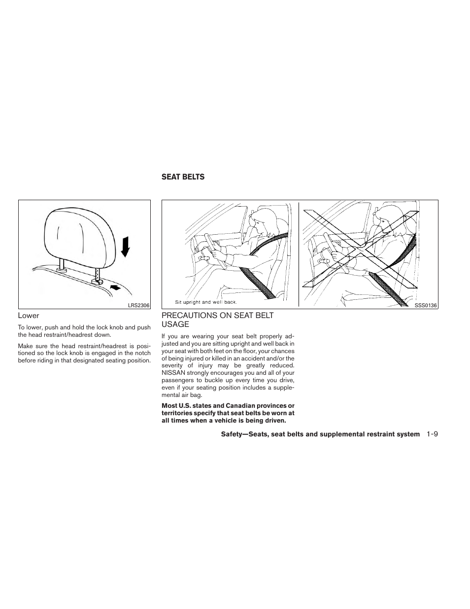 Seat belts -9, Precautions on seat belt usage -9 | NISSAN 2014 Versa Note - Owner's Manual User Manual | Page 26 / 372