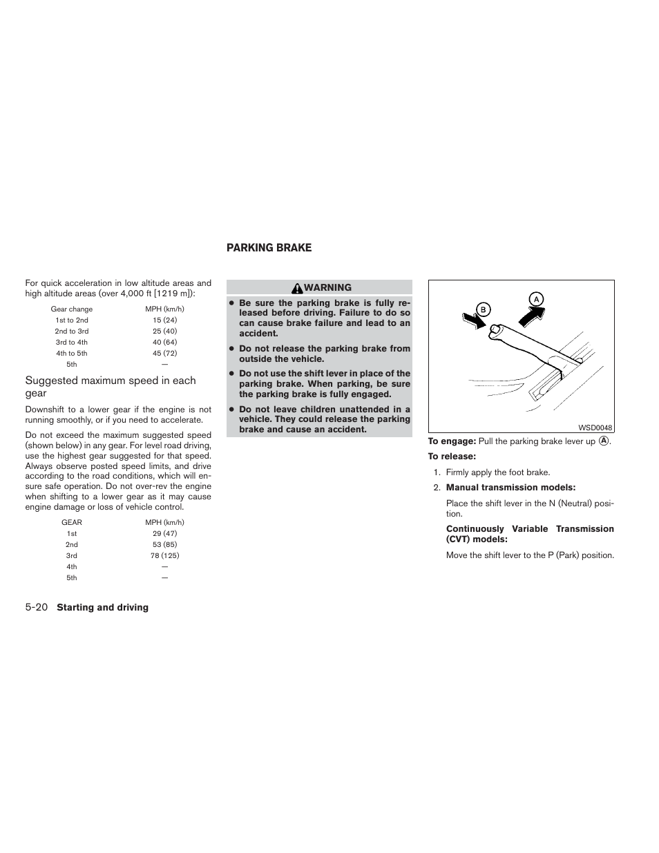 Parking brake -20, Suggested maximum speed in each gear, Parking brake | NISSAN 2014 Versa Note - Owner's Manual User Manual | Page 263 / 372