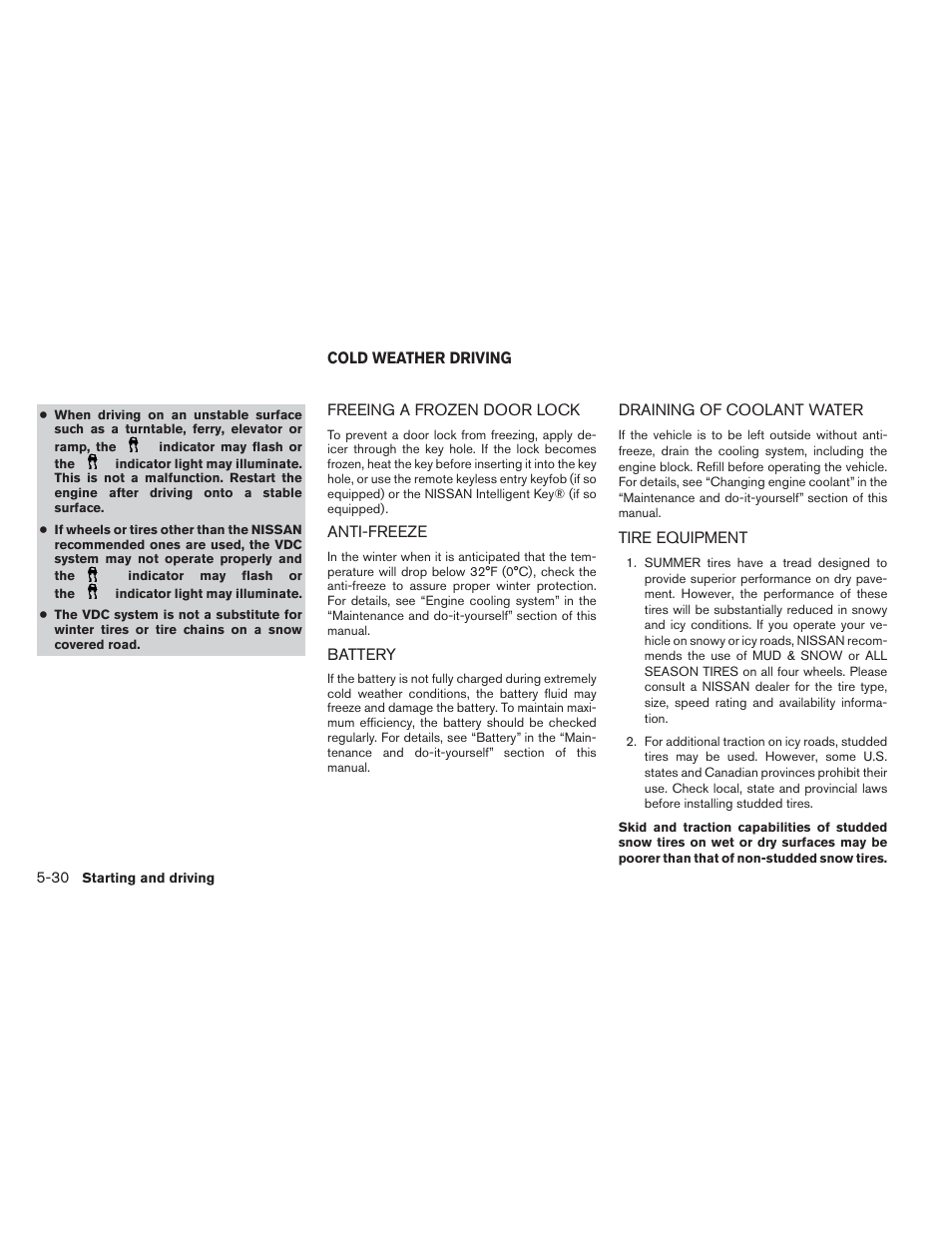 Cold weather driving -30 | NISSAN 2014 Versa Note - Owner's Manual User Manual | Page 273 / 372