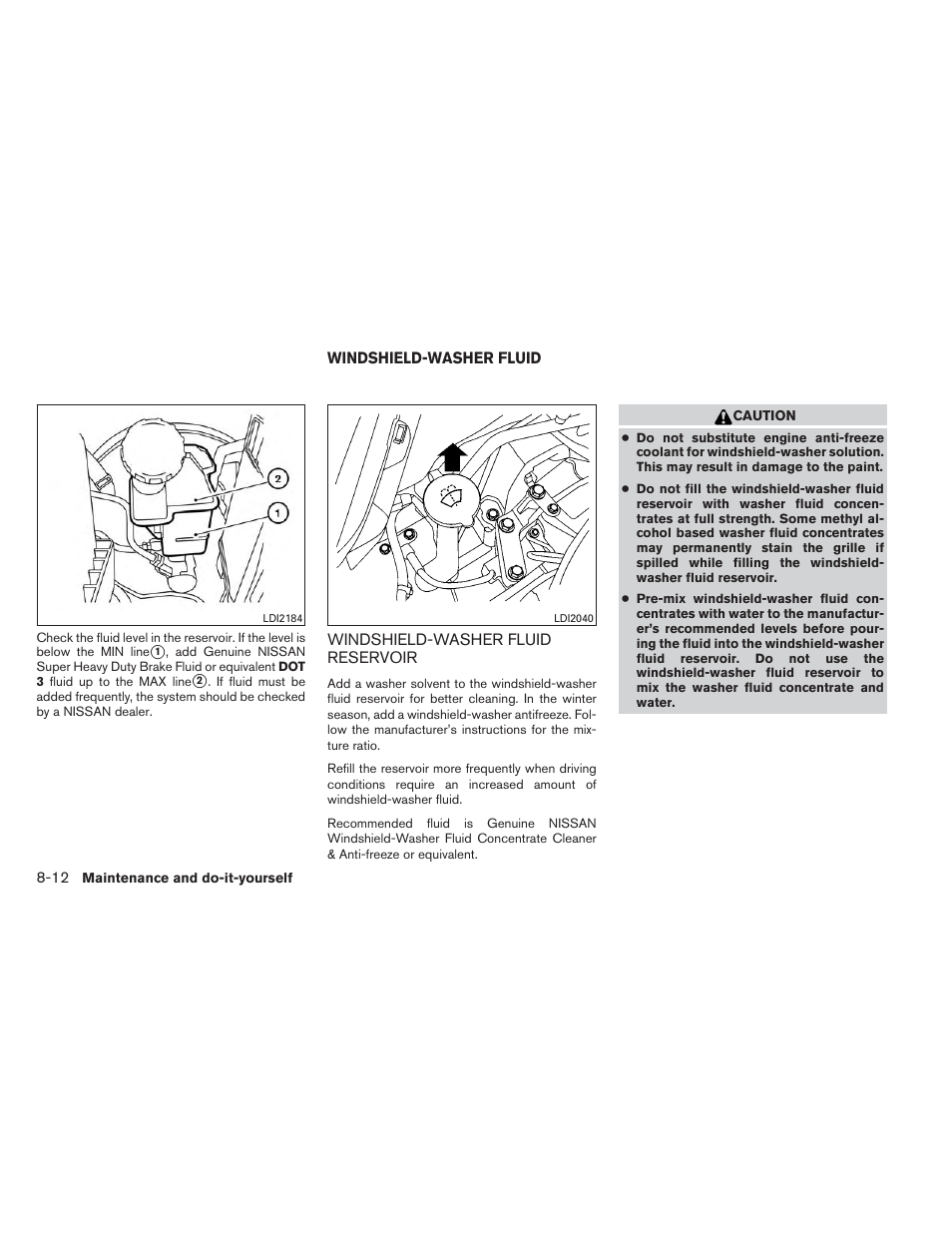 Windshield-washer fluid -12, Windshield-washer fluid reservoir -12 | NISSAN 2014 Versa Note - Owner's Manual User Manual | Page 313 / 372