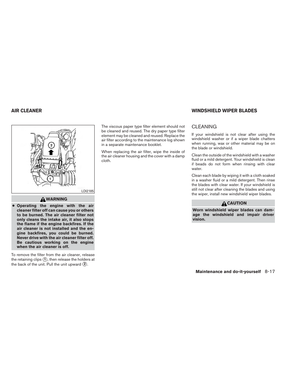 Air cleaner -17 windshield wiper blades -17, Cleaning -17 | NISSAN 2014 Versa Note - Owner's Manual User Manual | Page 318 / 372