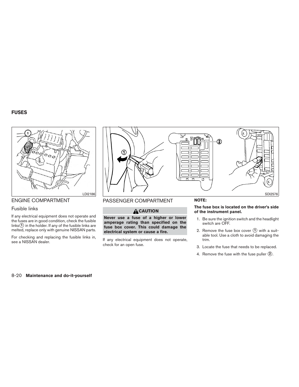 Fuses -20, Engine compartment -20 passenger compartment -20 | NISSAN 2014 Versa Note - Owner's Manual User Manual | Page 321 / 372