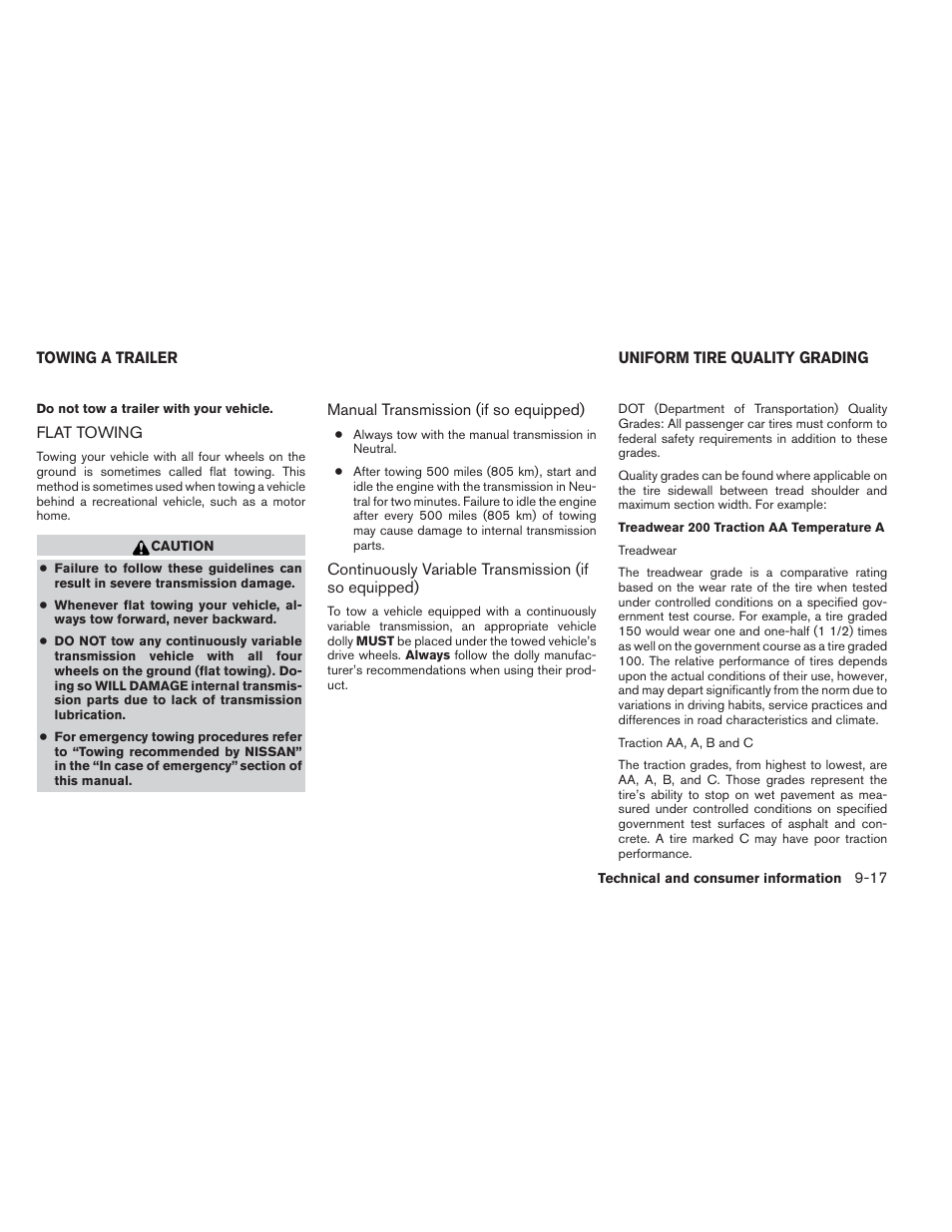 Towing a trailer -17, Flat towing -17, Uniform tire quality grading -17 | NISSAN 2014 Versa Note - Owner's Manual User Manual | Page 358 / 372