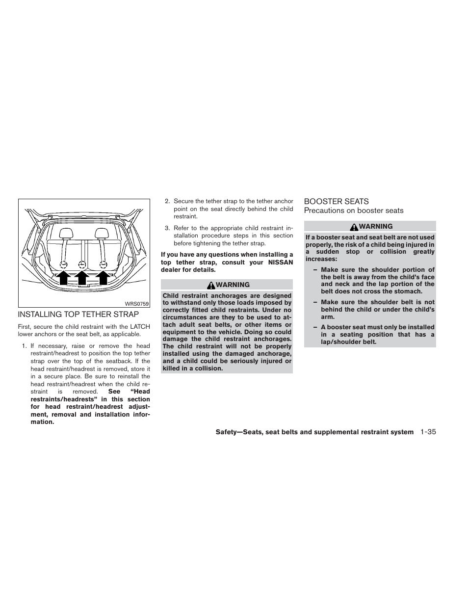 Installing top tether strap -35 booster seats -35 | NISSAN 2014 Versa Note - Owner's Manual User Manual | Page 52 / 372