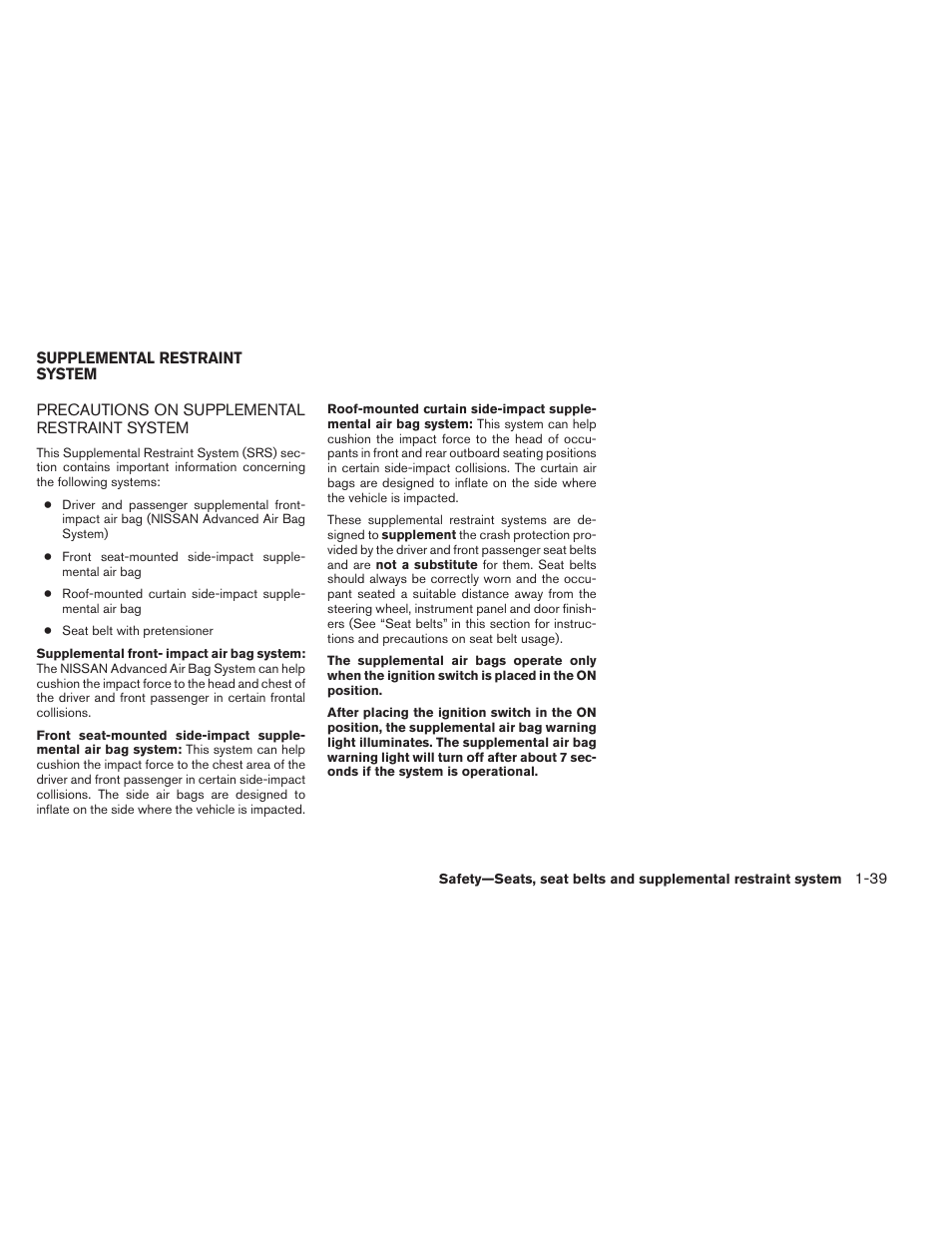 Supplemental restraint system -39, Precautions on supplemental restraint system -39 | NISSAN 2014 Versa Note - Owner's Manual User Manual | Page 56 / 372