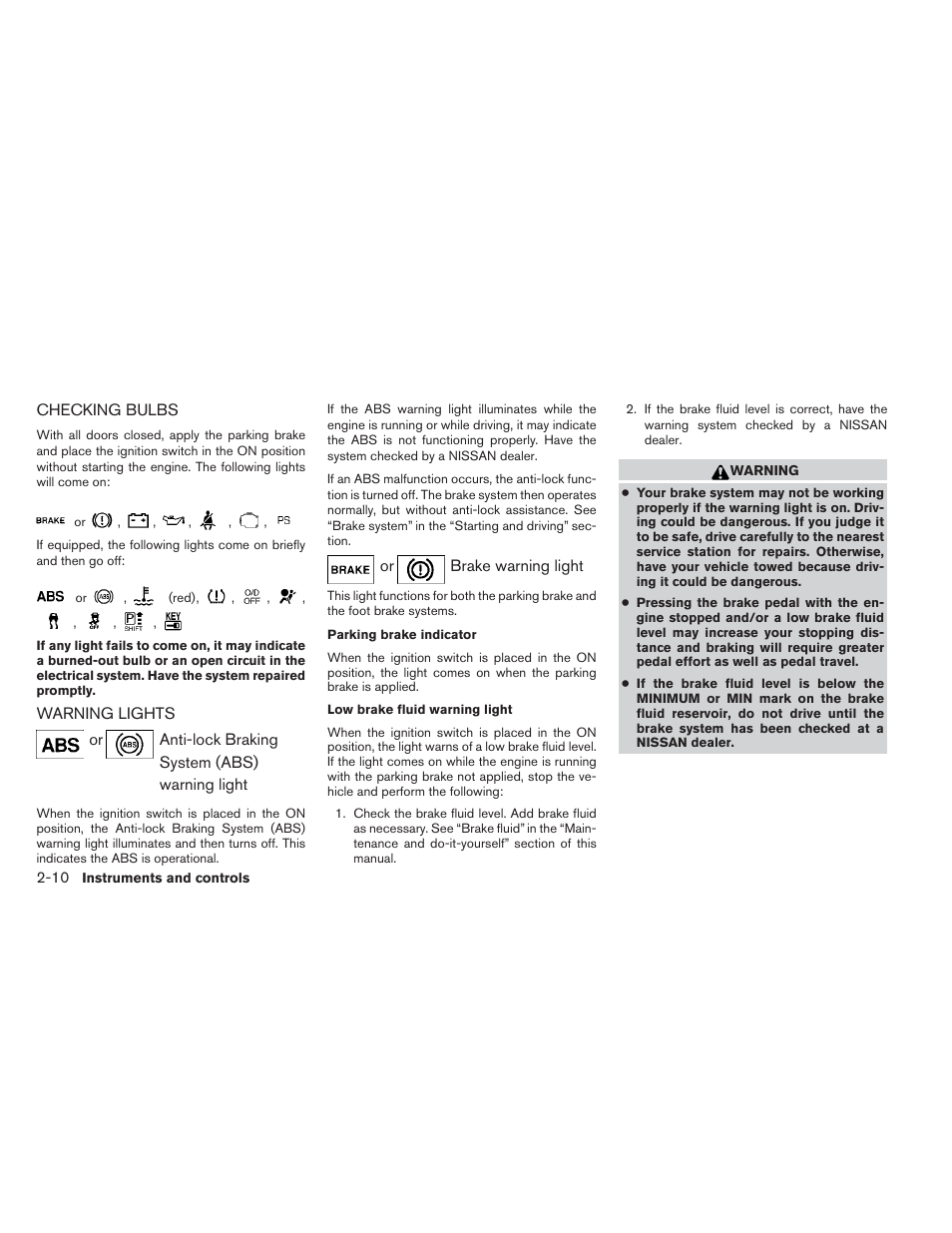 Checking bulbs -10 warning lights -10 | NISSAN 2014 Versa Note - Owner's Manual User Manual | Page 83 / 372