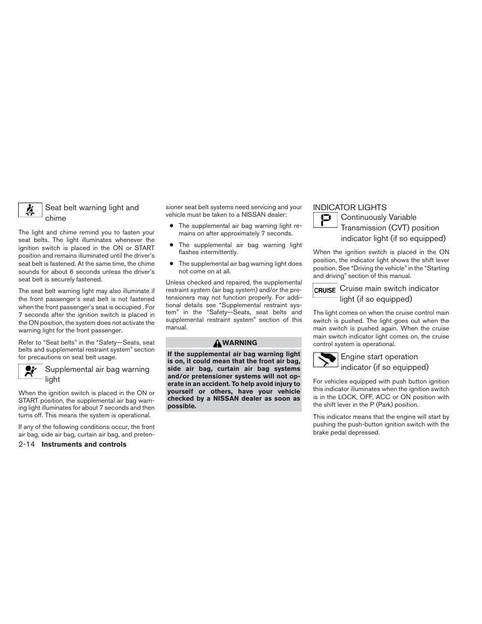 Indicator lights -14 | NISSAN 2014 Versa Note - Owner's Manual User Manual | Page 87 / 372