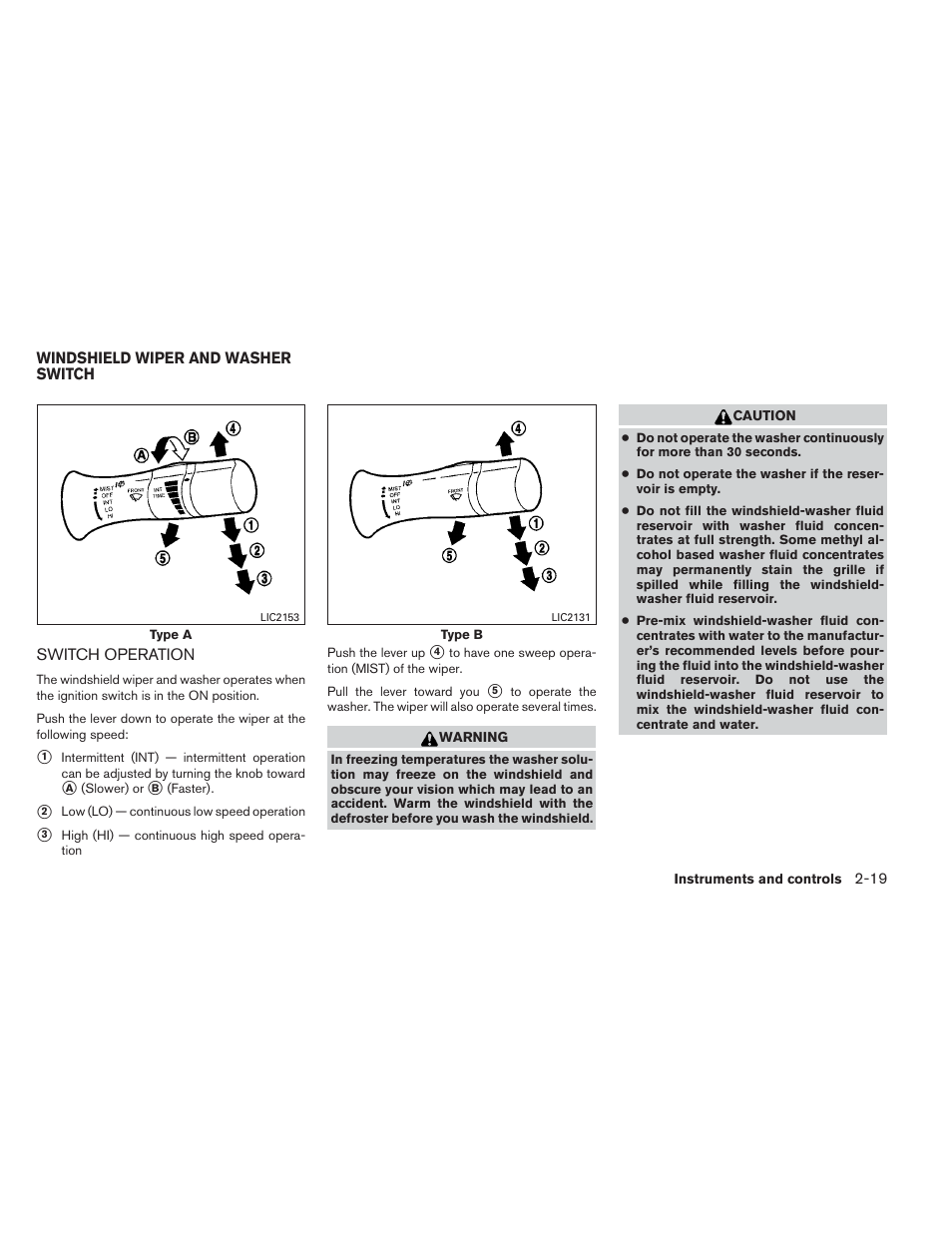 Windshield wiper and washer switch -19, Switch operation -19 | NISSAN 2014 Versa Note - Owner's Manual User Manual | Page 92 / 372