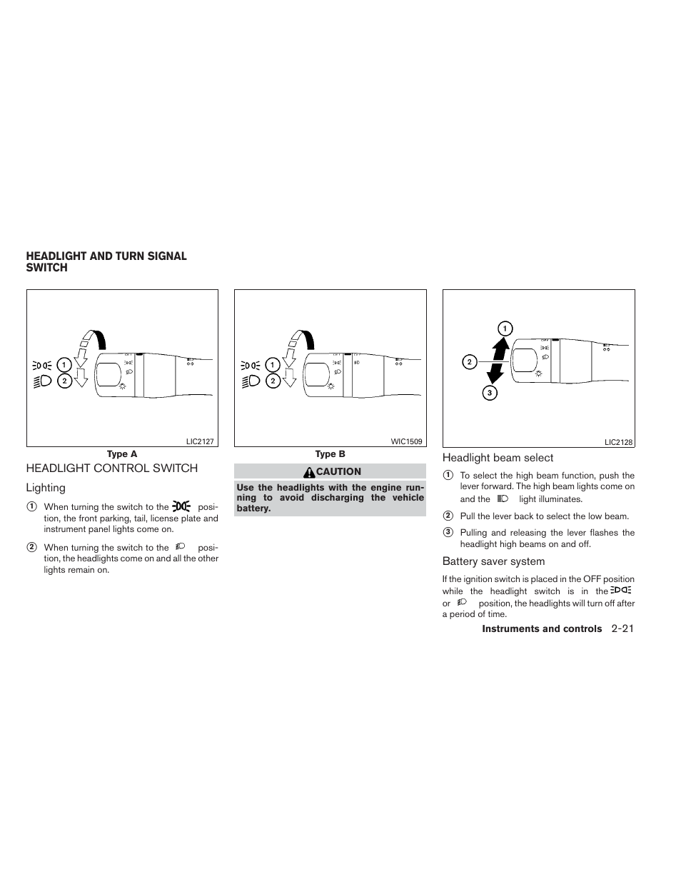 Headlight and turn signal switch -21, Headlight control switch -21 | NISSAN 2014 Versa Note - Owner's Manual User Manual | Page 94 / 372