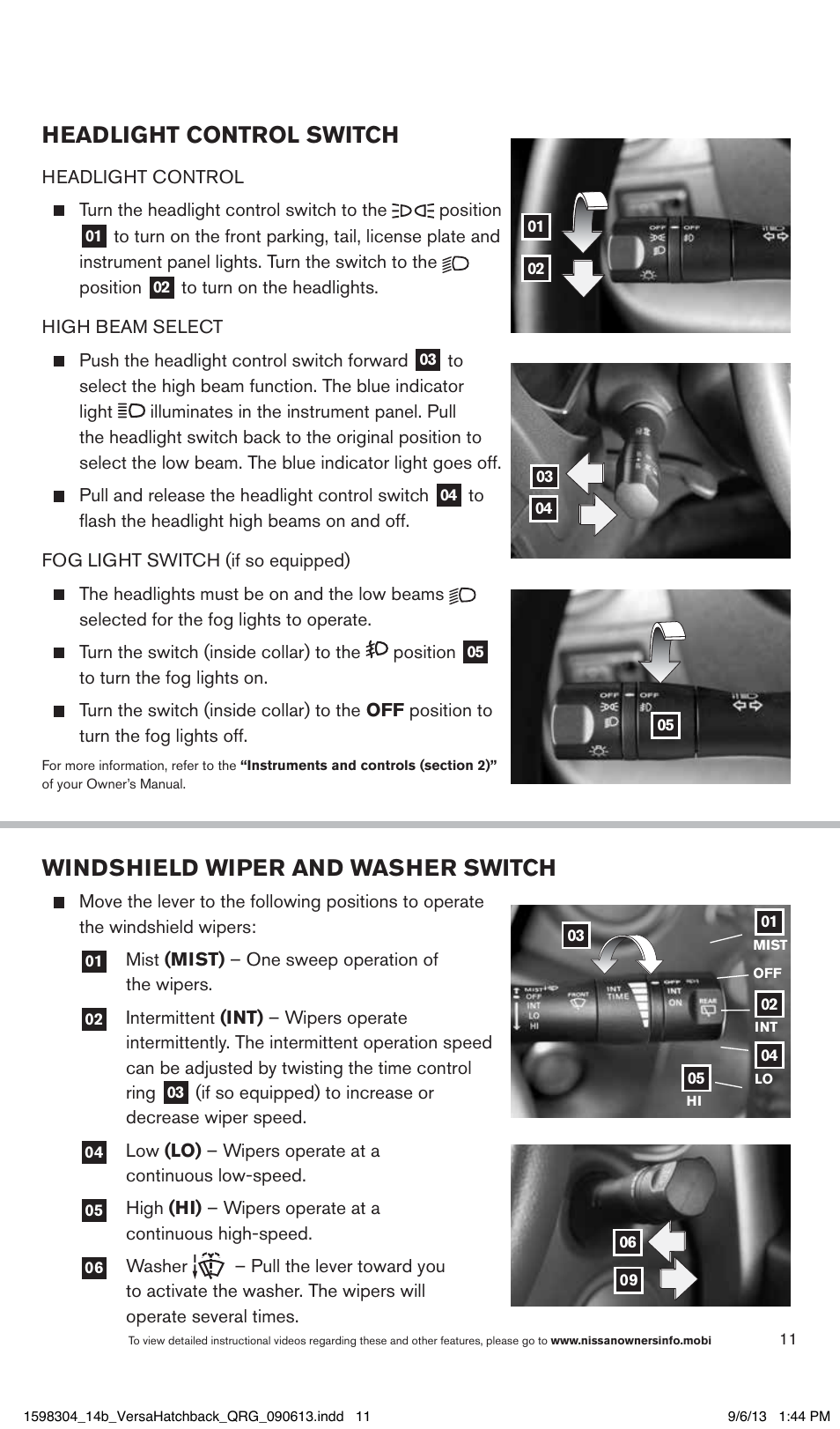 Headlight control switch, Windshield wiper and washer switch | NISSAN 2014 Versa Note - Quick Reference Guide User Manual | Page 13 / 24