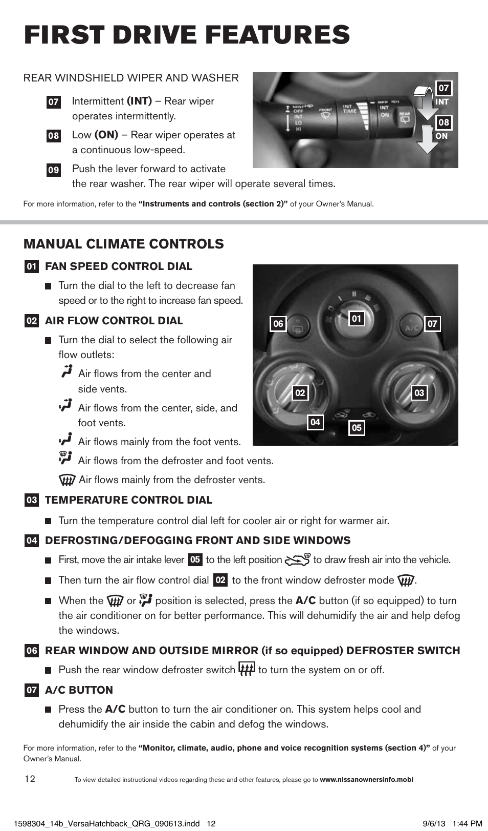First drive features, Manual climate controls | NISSAN 2014 Versa Note - Quick Reference Guide User Manual | Page 14 / 24