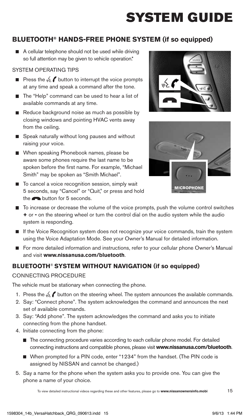 System guide, Bluetooth, Hands-free phone system (if so equipped) | NISSAN 2014 Versa Note - Quick Reference Guide User Manual | Page 17 / 24
