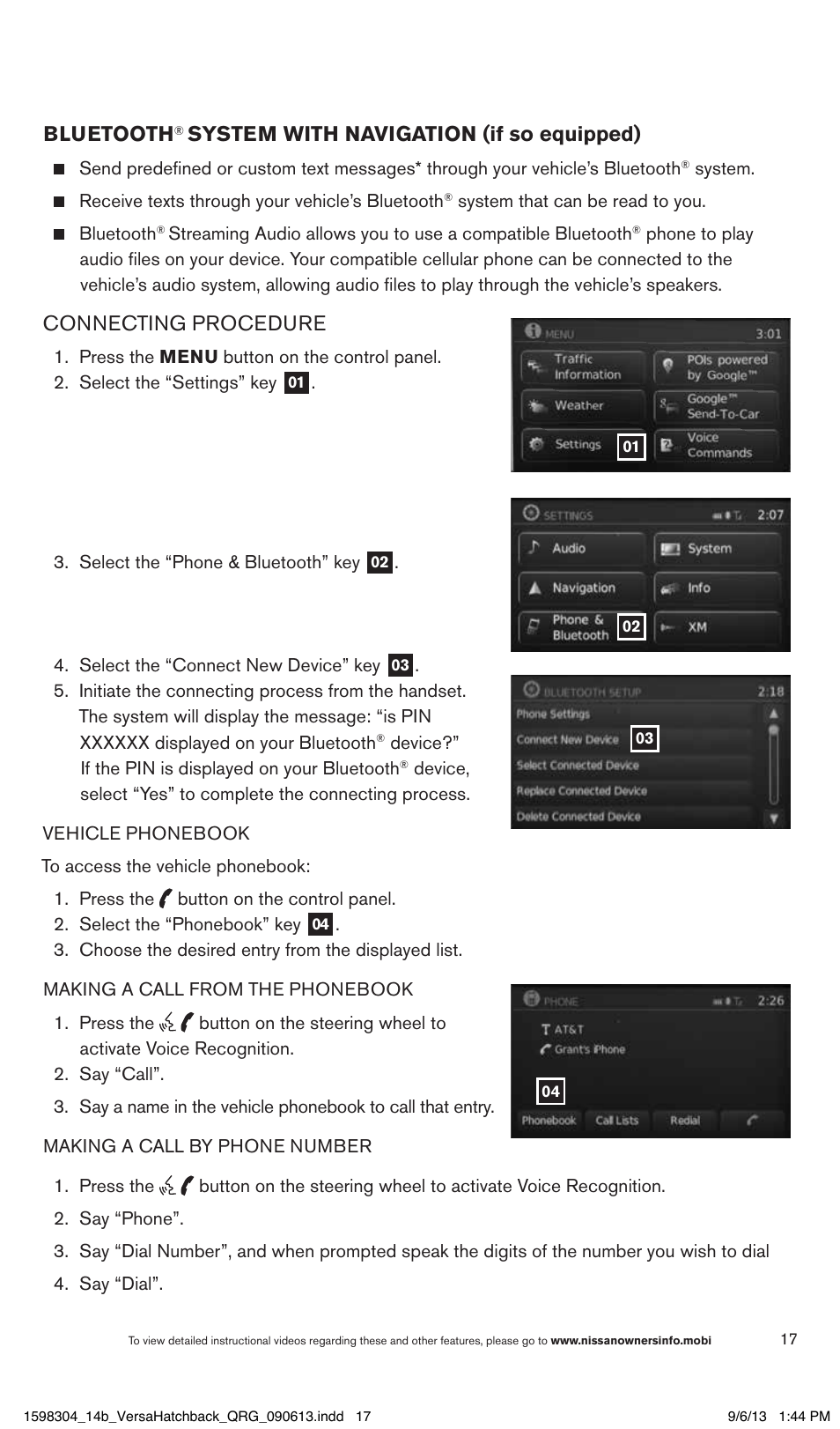 Bluetooth, System with navigation (if so equipped), Connecting procedure | NISSAN 2014 Versa Note - Quick Reference Guide User Manual | Page 19 / 24