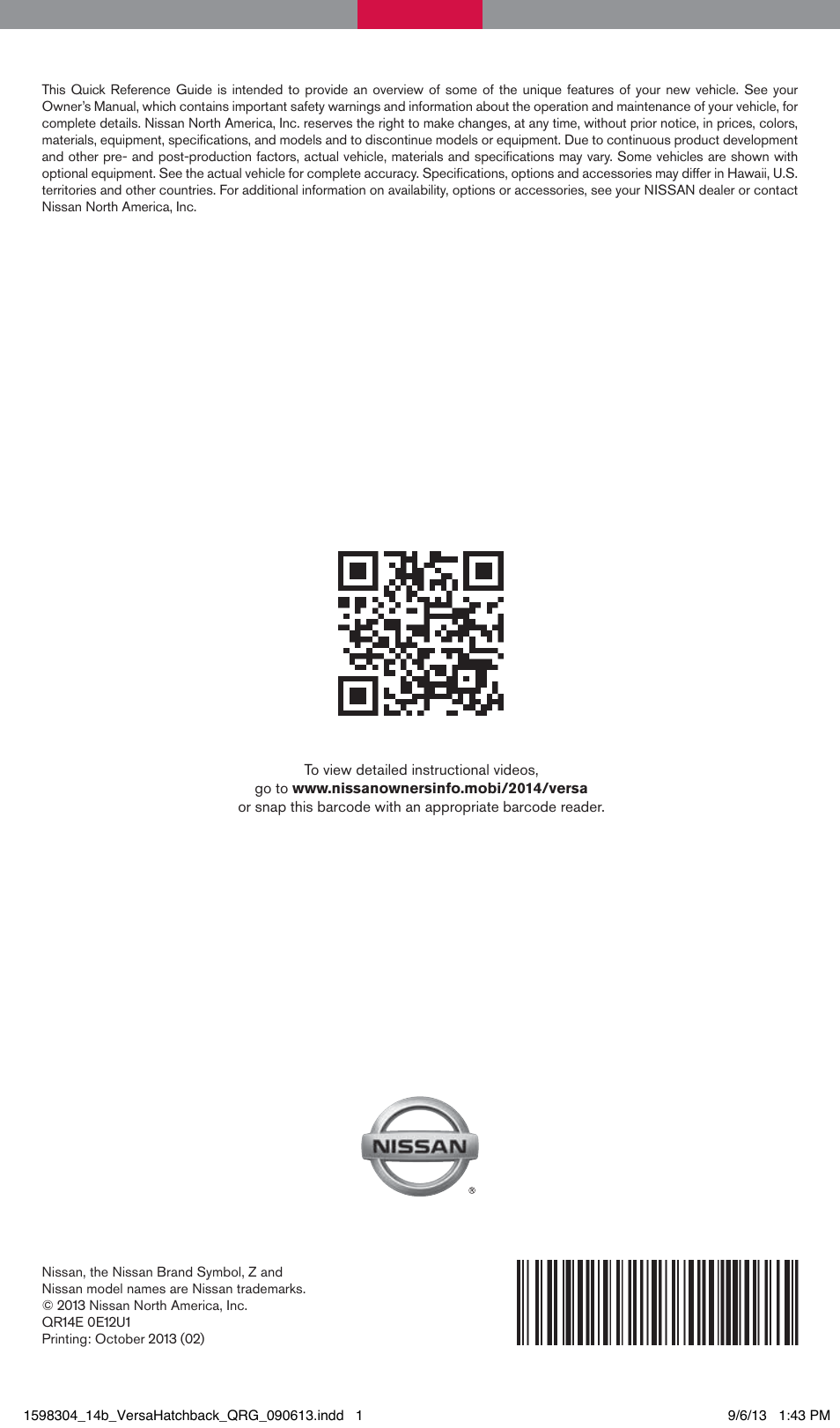 NISSAN 2014 Versa Note - Quick Reference Guide User Manual | Page 24 / 24
