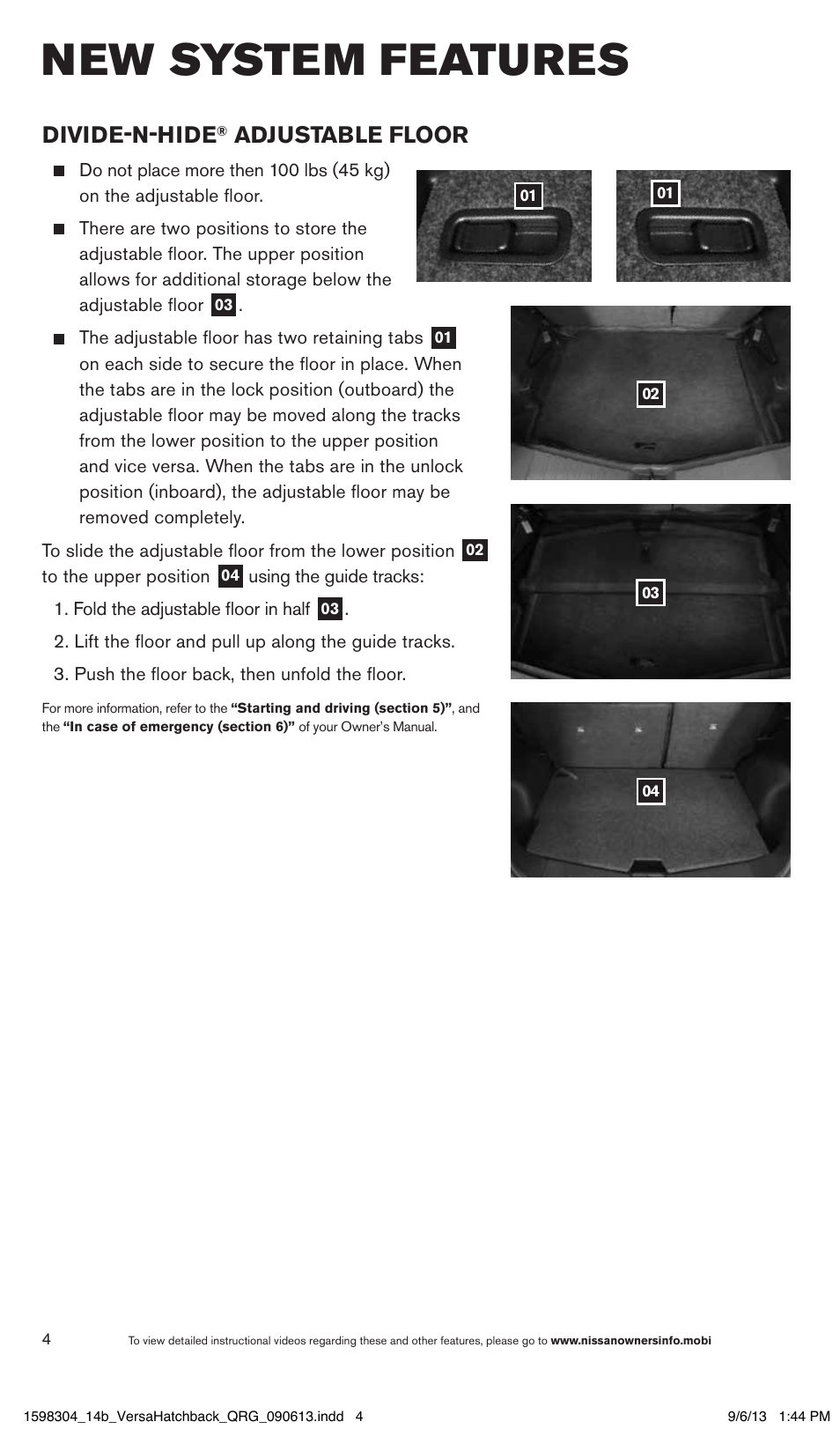 New system features, Divide-n-hide, Adjustable floor | NISSAN 2014 Versa Note - Quick Reference Guide User Manual | Page 6 / 24