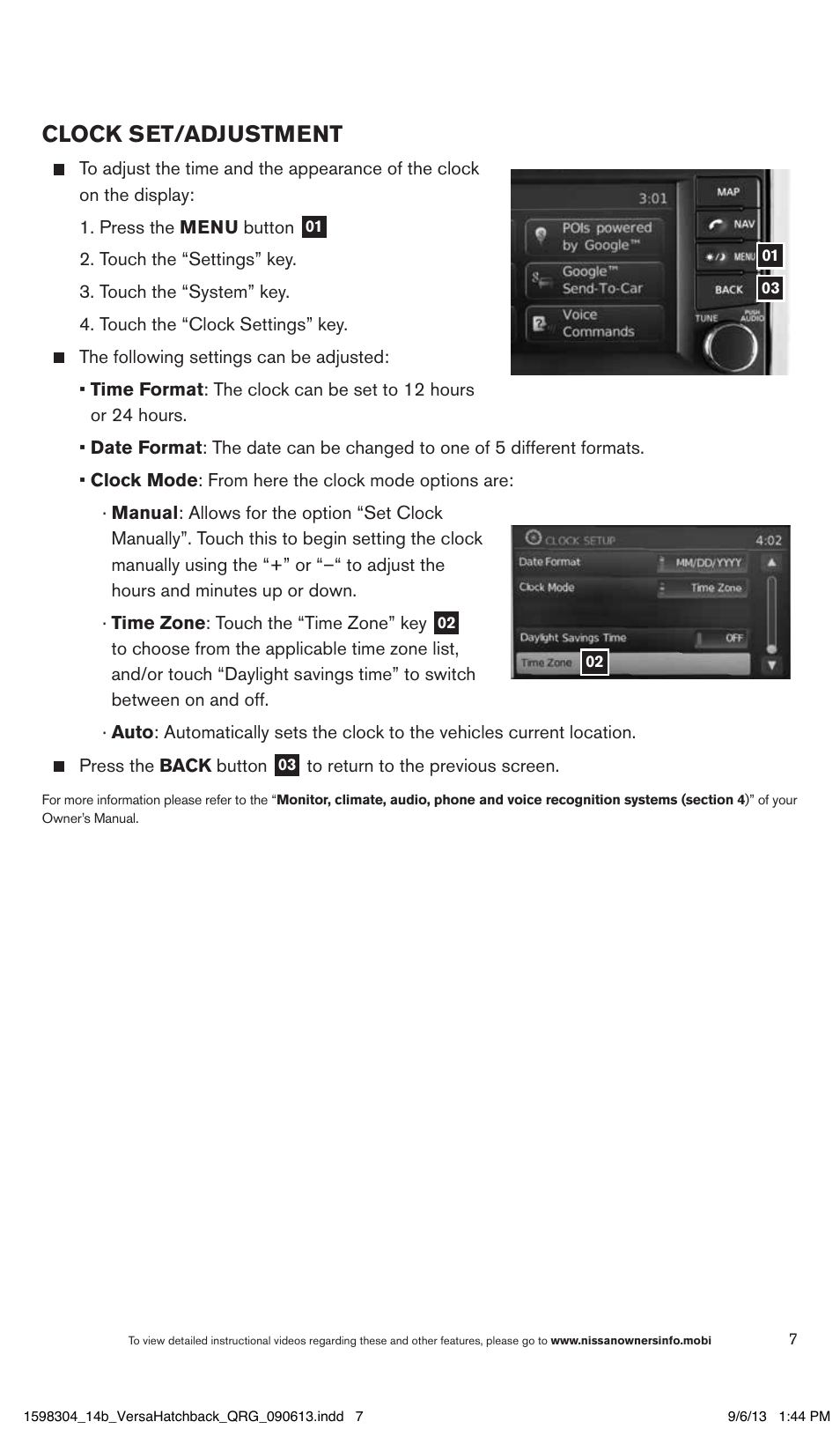 Clock set/adjustment | NISSAN 2014 Versa Note - Quick Reference Guide User Manual | Page 9 / 24