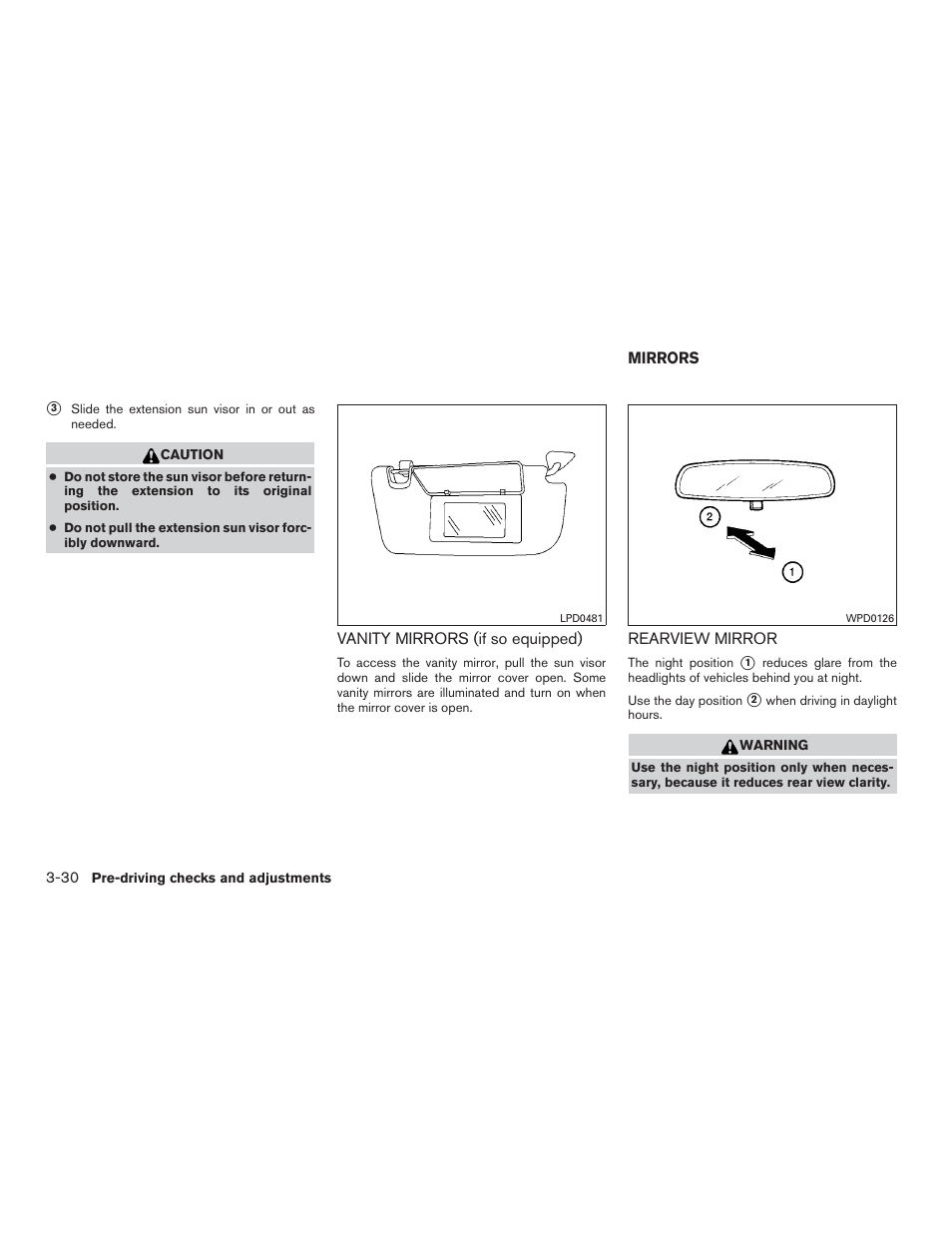 Vanity mirrors (if so equipped) -30, Mirrors -30, Rearview mirror -30 | NISSAN 2015 Versa Note - Owner's Manual User Manual | Page 145 / 376