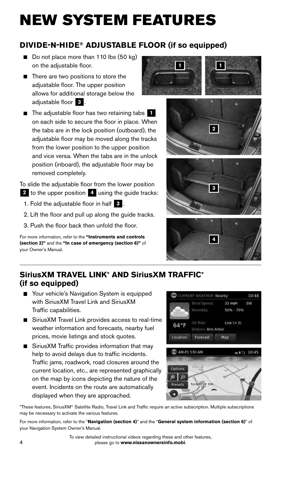 New system features, Divide-n-hide, Adjustable floor (if so equipped) | NISSAN 2015 Versa Note - Quick Reference Guide User Manual | Page 6 / 24
