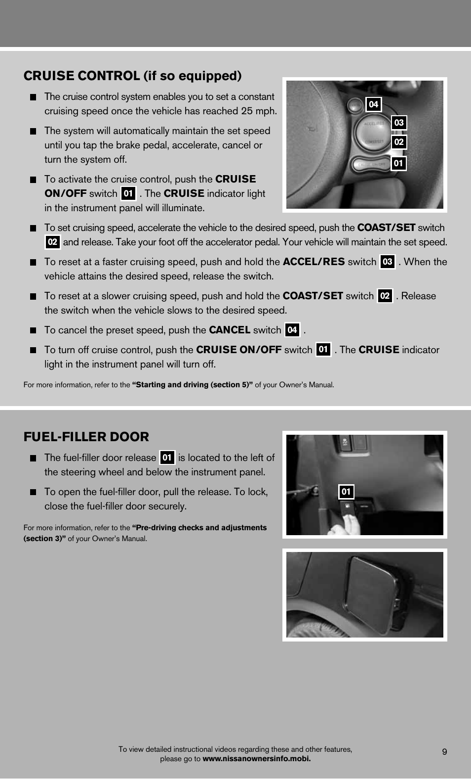 Fuel-filler door, Cruise control (if so equipped) | NISSAN 2012 Versa Sedan - Quick Reference Guide User Manual | Page 11 / 16