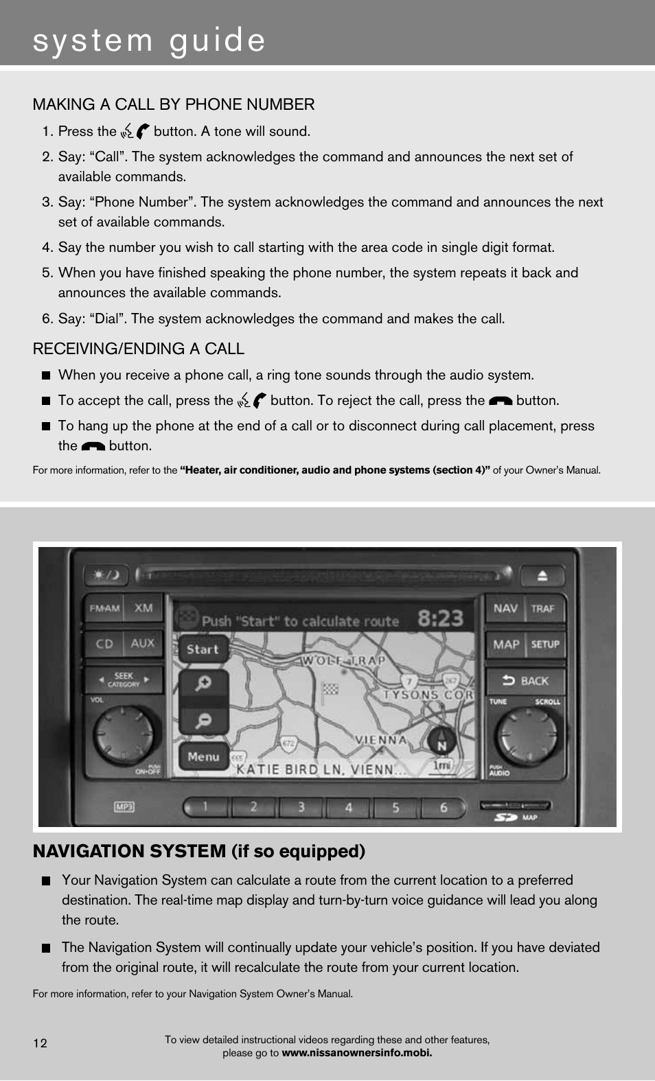 System guide, Navigation system (if so equipped) | NISSAN 2012 Versa Sedan - Quick Reference Guide User Manual | Page 14 / 16