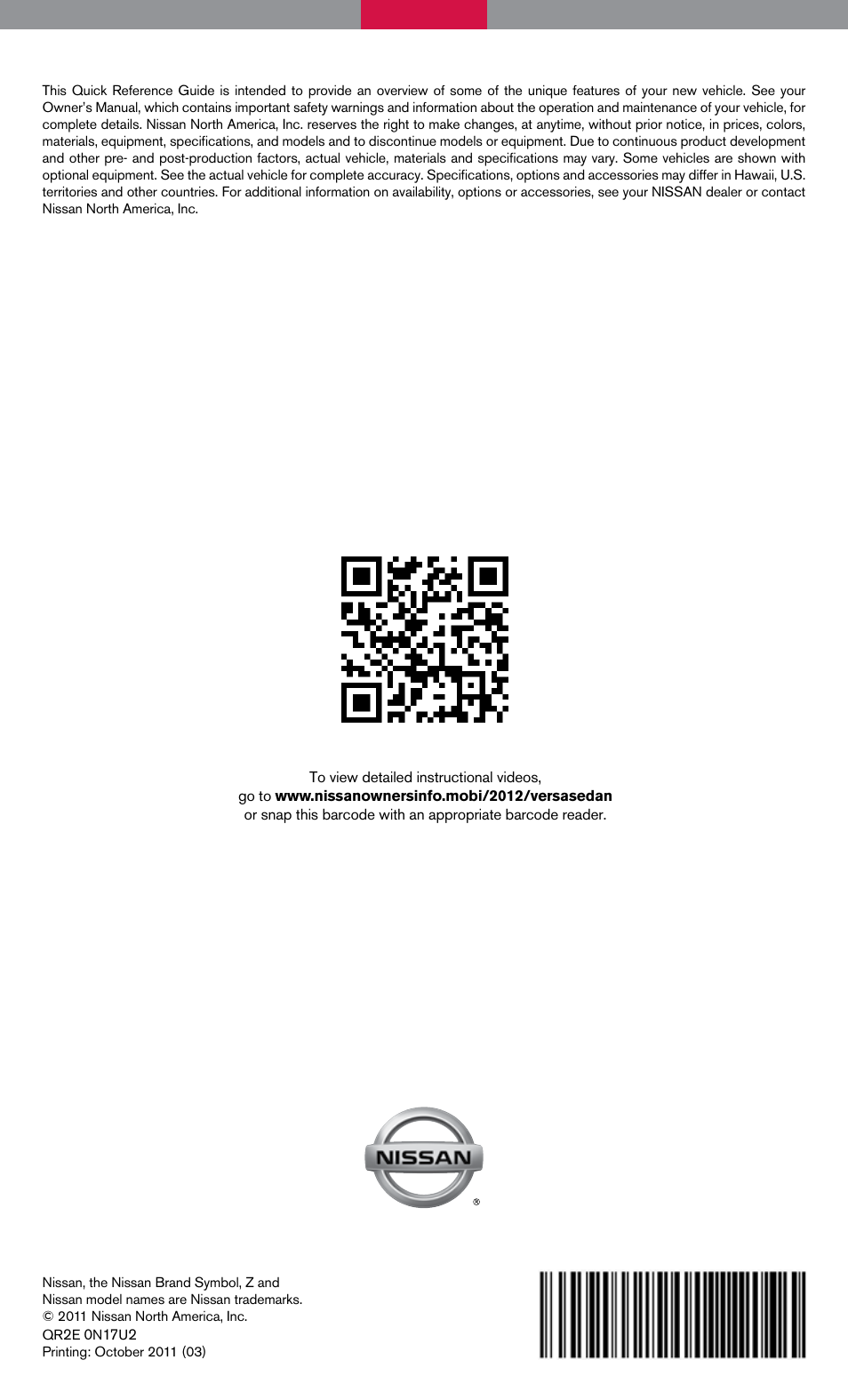 NISSAN 2012 Versa Sedan - Quick Reference Guide User Manual | Page 16 / 16