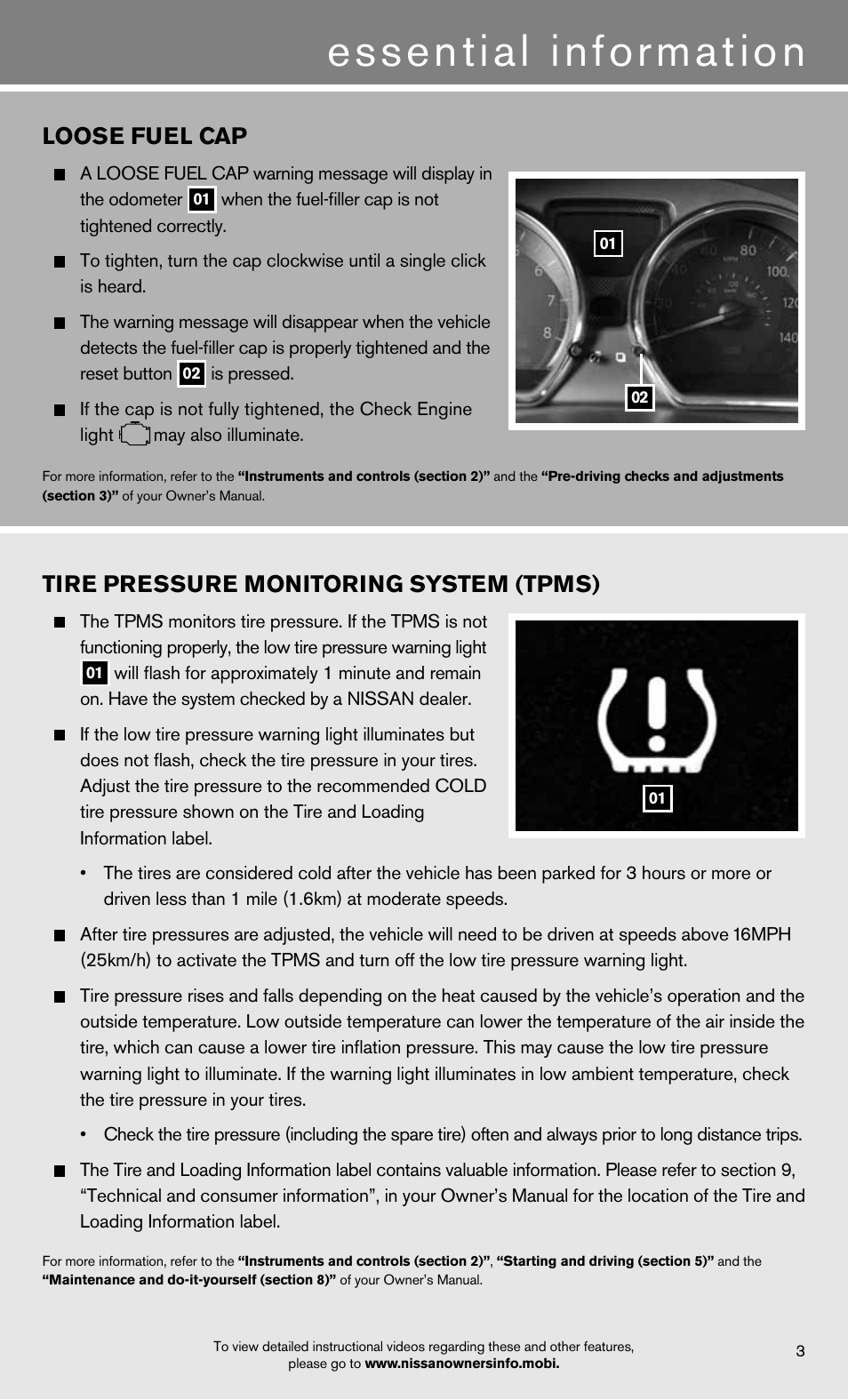 Essential information, Loose fuel cap, Tire pressure monitoring system (tpms) | NISSAN 2012 Versa Sedan - Quick Reference Guide User Manual | Page 5 / 16