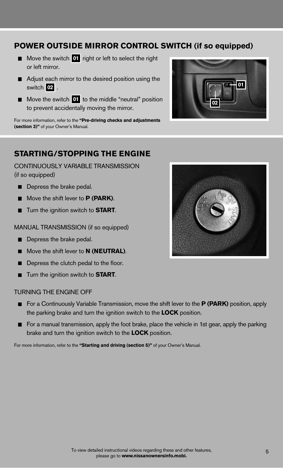 Starting/stopping the engine | NISSAN 2012 Versa Sedan - Quick Reference Guide User Manual | Page 7 / 16