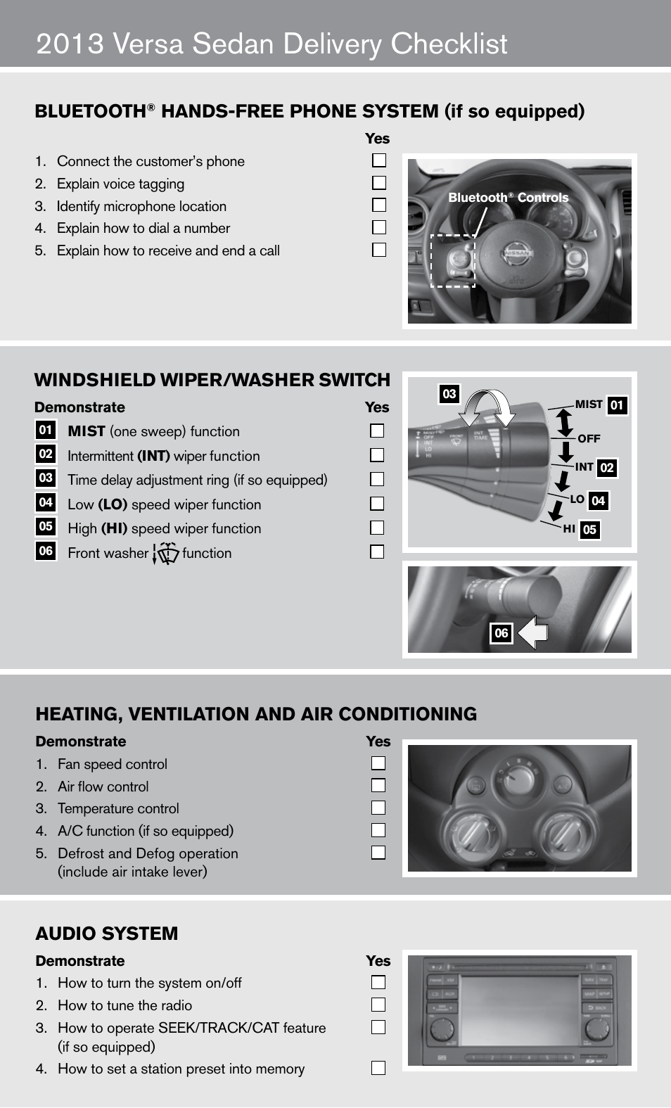 2013 versa sedan delivery checklist, Windshield wiper/washer switch, Bluetooth | Hands-free phone system (if so equipped), Heating, ventilation and air conditioning, Audio system | NISSAN 2013 Versa Sedan - Quick Reference Guide User Manual | Page 10 / 22