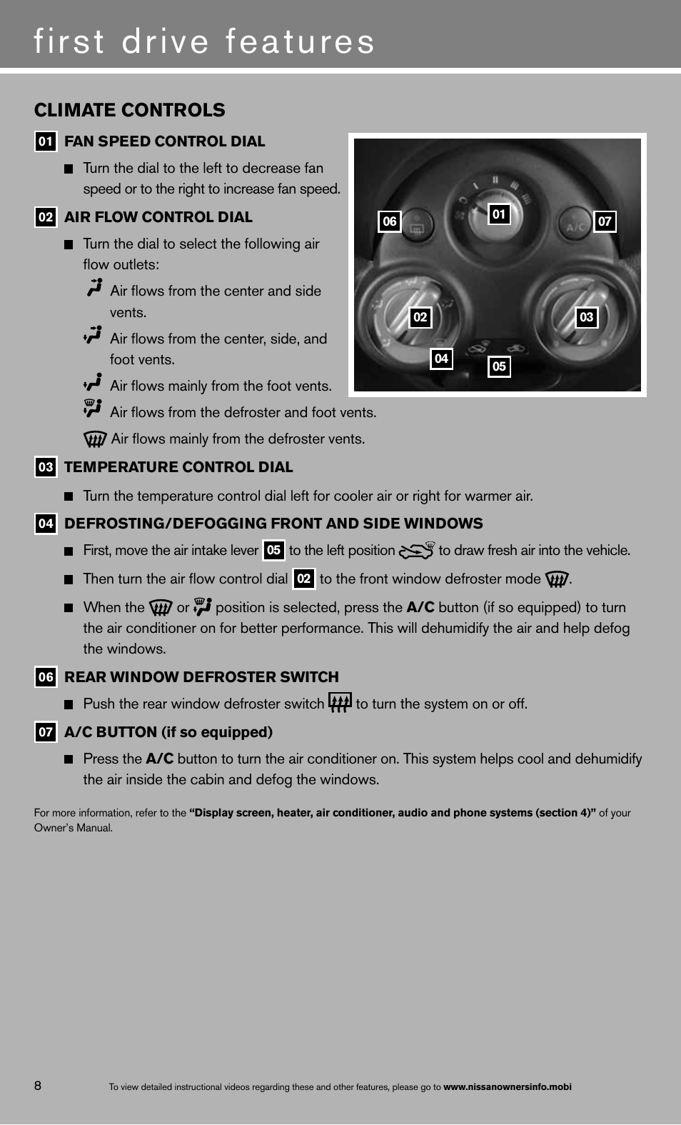 First drive features, Climate controls | NISSAN 2013 Versa Sedan - Quick Reference Guide User Manual | Page 12 / 22